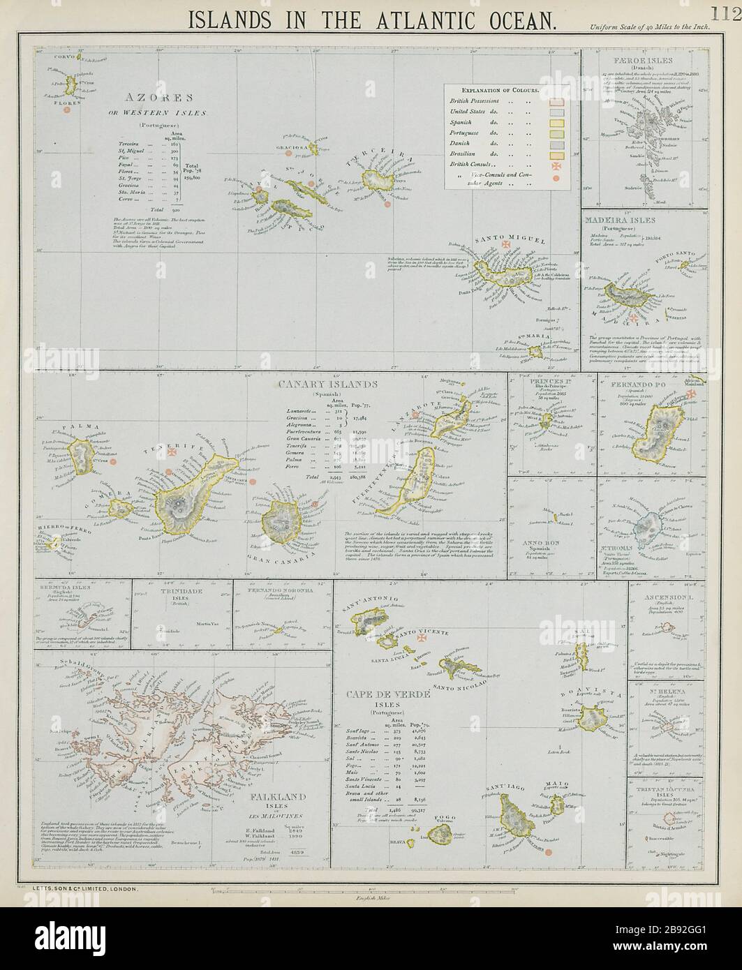 ATLANTISCHE INSELN. Azoren Madeira Kanarische Kapverdische Falkland. LETTS Karte von 1884er Stockfoto