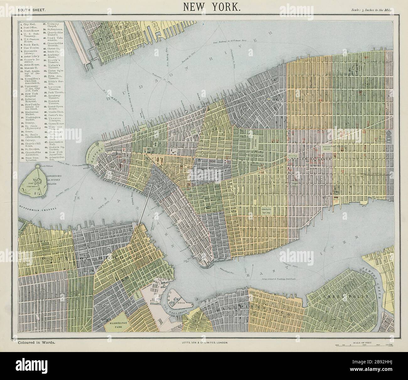 STADTPLAN DER STADT NEW YORK. Midtown/Upper Manhattan, Brooklyn. LETTS IM JAHR 1884 Stockfoto