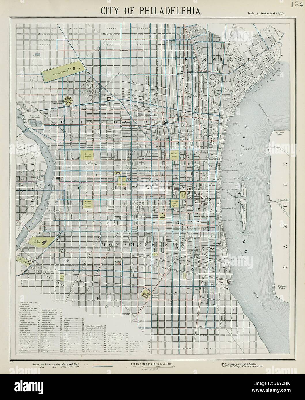 PHILADELPHIA Antikstadt Stadtplan. Linien der Straßenbahn. LETTS, das Jahr 1884 Stockfoto