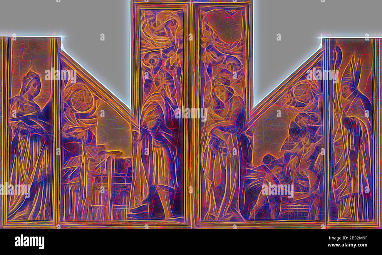 Kaiserinnen Kunigunde und Kaiser Heinrich II. Vor dem Münsteraner Chor (linker Flügel), Madonna mit Kind, musizierende Engel und St., Pantalus (rechter Flügel), um 1525/26 oder 1528, auf Leinwand malen, 282,5 x 455 x 5,5 cm, 244 x 62 x 5,5 cm (Kunigunde), 25/142, 282,5 x 165 x 5,5 (Münster und Heinrich), 282,5, 142,5, 224,5 x 165 x 5,5 (Madonna), 243,5 x 62,5 x 5,5 cm (Pantalus), nicht angegeben., auf dem Musikblatt des Angel Sputums: QUAM, PVLCHRA es AMICA (SD. 4.1), Hans Holbein d. J., Augsburg um 1497 / 98 - 1543 London, von Gibon neu vorgestellt, Design von warmem fröhlichem Leuchten der Helligkeit a Stockfoto