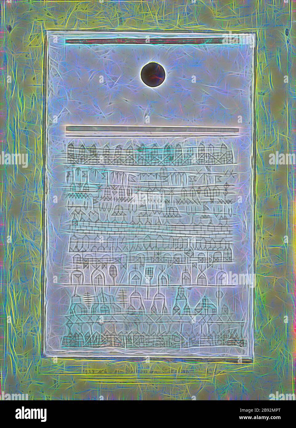 Ein Blatt aus dem Stadtbuch, von 1928, 46 (N 6), Ölfarbe auf Papier auf Karton auf zweiter Box auf Trage genagelt, ursprüngliche Rahmenständer, 42,5 x 31,5 cm, auf der zweiten Box unten rechts signiert: Kleeblatt, auf der zweiten Box unten in der Mitte eingeschrieben: 28 N 6 ein Blatt aus dem Stadtbuch, Paul Klee, Münchenbuchsee/Bern 1879-1940 Muralto B. Locarno/Tessin, von Gibon neu vorgestellt, Design von warmem, fröhlichem Glanz von Helligkeit und Lichtstrahlen. Klassische Kunst mit moderner Note neu erfunden. Fotografie, inspiriert von Futurismus, die dynamische Energie moderner Technologie, Bewegung, Geschwindigkeit und Revolution des Kultu umfasst Stockfoto