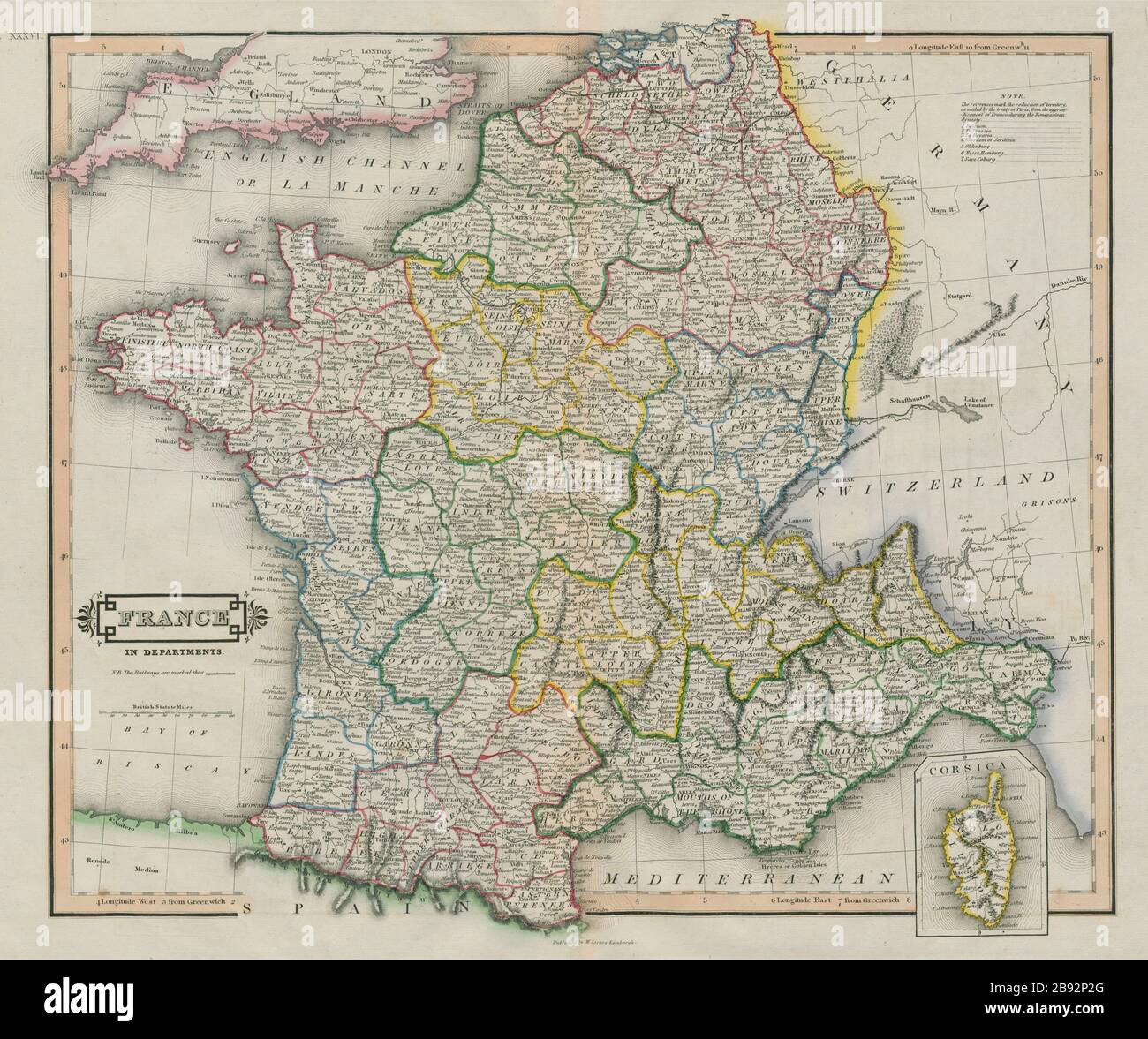 Erstes Empire Frankreich in den Departements. Belgien Italien Deutschland NL. LIZARS-Karte von 1842 Stockfoto
