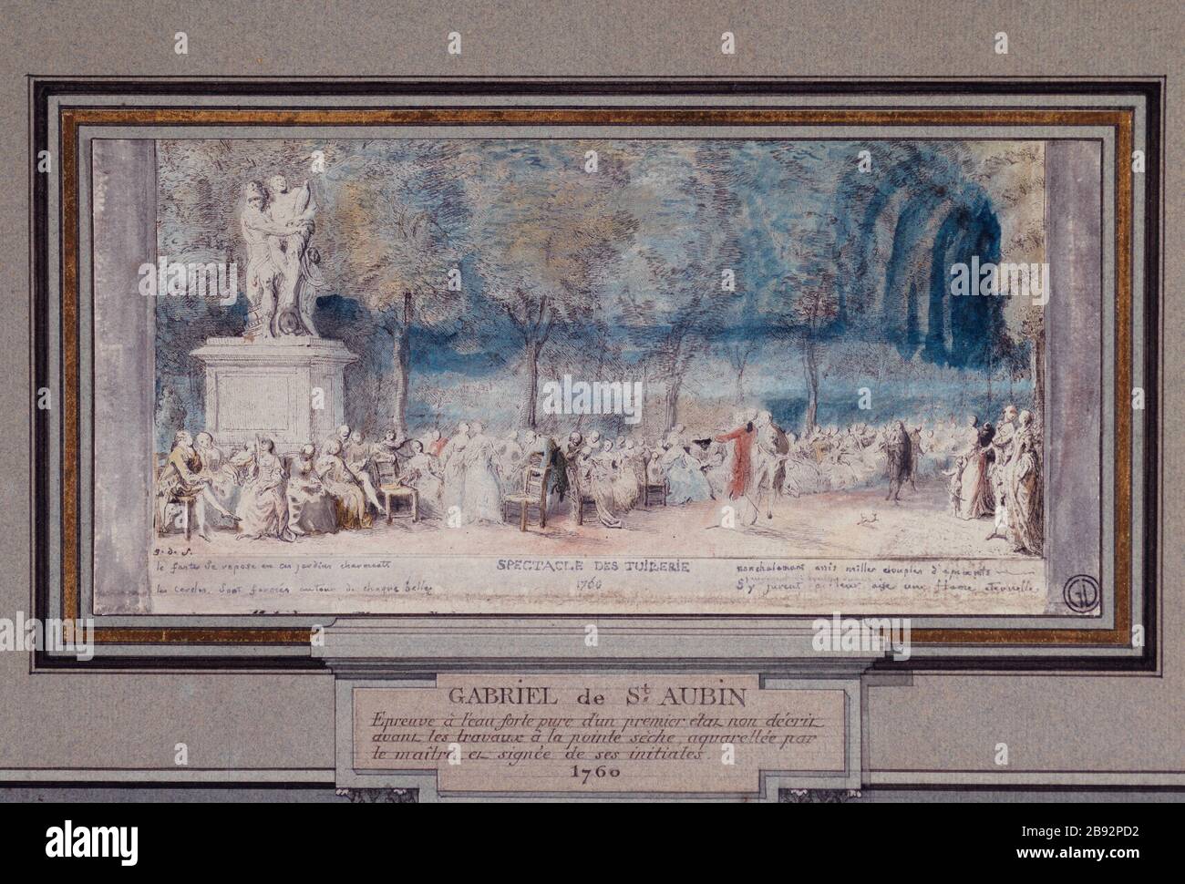 Die Stühle zeigen die Tuilerien, um das Jahr 660 (mit der skulptierten Gruppe von Aeneas und Anchises Lepautre) Gabriel Jacques de Saint-Aubin (1724-1780). "Le Spektakel des Tuileries: Les Chaises". Dessin (Pflaume, encre de Chine, aquarelle), um 1760. Paris, musée Carnavalet. Stockfoto