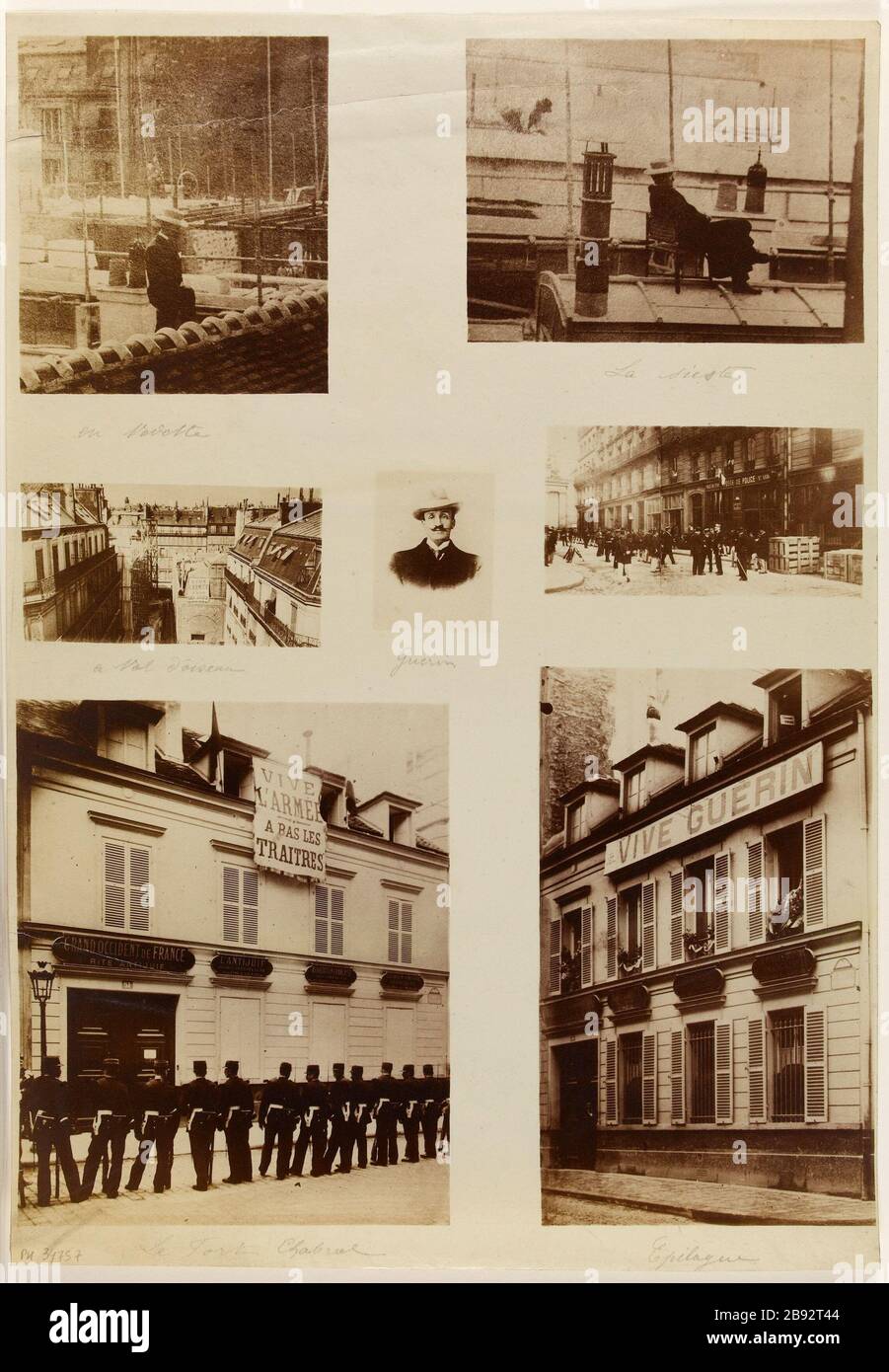 Vorgestellte // // die Siesta, während die Krähe Guerin fliegt // // Fort Chabrol Epilogue. Mehrere Ansichten zum Ereignis Fort Chabrol, August - September 1899, 10. Bezirk, Paris Anonyme. En vedette // La sieste // à vol d'oiseau // Guérin // Le Fort Chabrol // Epilog. "Plusieurs vues liées à l'évènement du Fort Chabrol, Août-Septembre 1899, 10ème arronoire, Paris". En 1899-1899. Paris, musée Carnavalet. Stockfoto