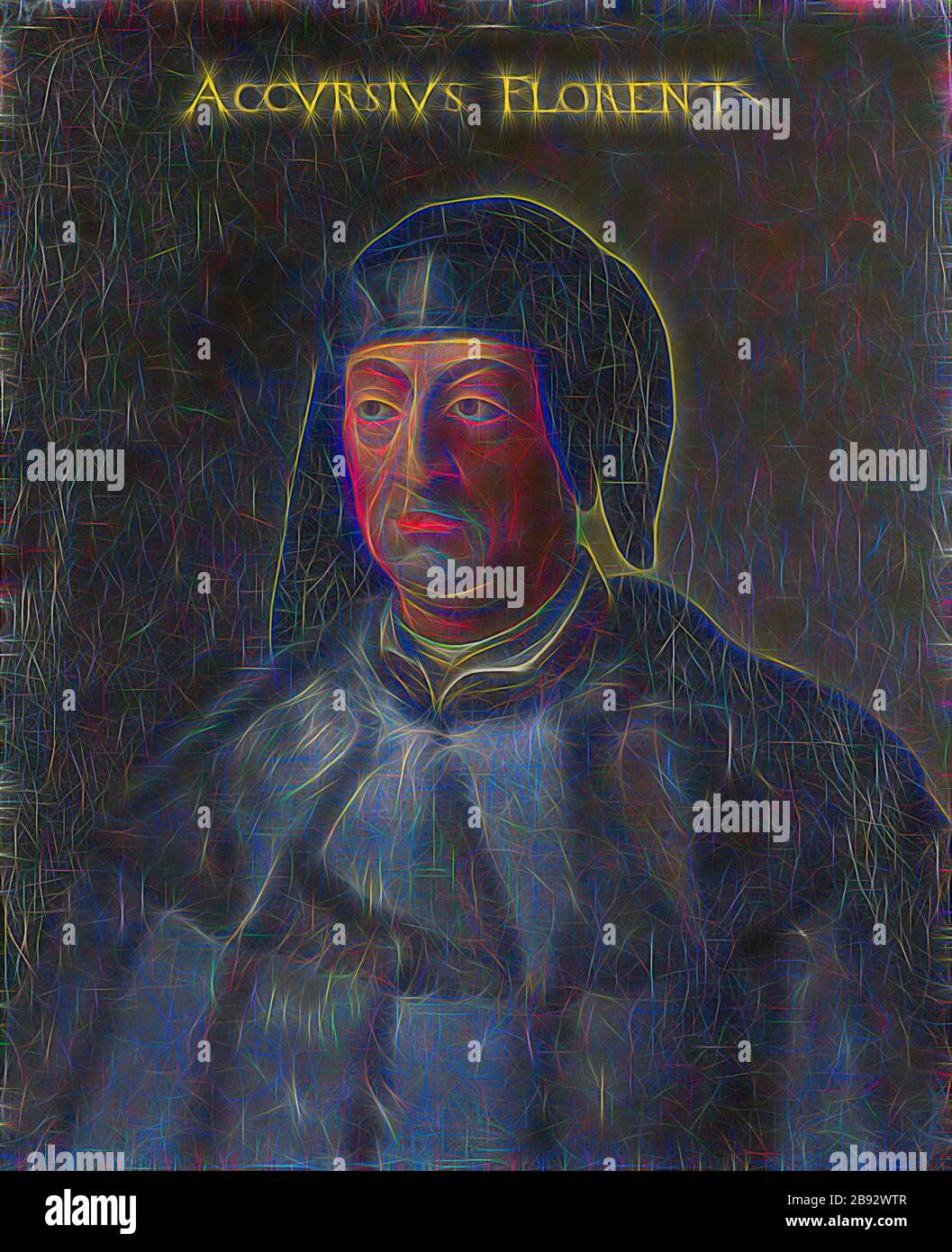 Portrait von Accursius, Öl auf Leinwand, 77 x 63 cm, unmarkiert., oben: ACCVRSIVS FLORENT [INUS], Cristofano (di Papi) dell' Altissimo, (Kopie nach/Kopie danach), um 157-1605 Florenz, von Gibon neu vorgestellt, Design von warmem fröhlichem Leuchten von Helligkeit und Lichtstrahlen. Klassische Kunst mit moderner Note neu erfunden. Fotografie, inspiriert vom Futurismus, die dynamische Energie moderner Technologie, Bewegung, Geschwindigkeit und Kultur revolutionieren. Stockfoto