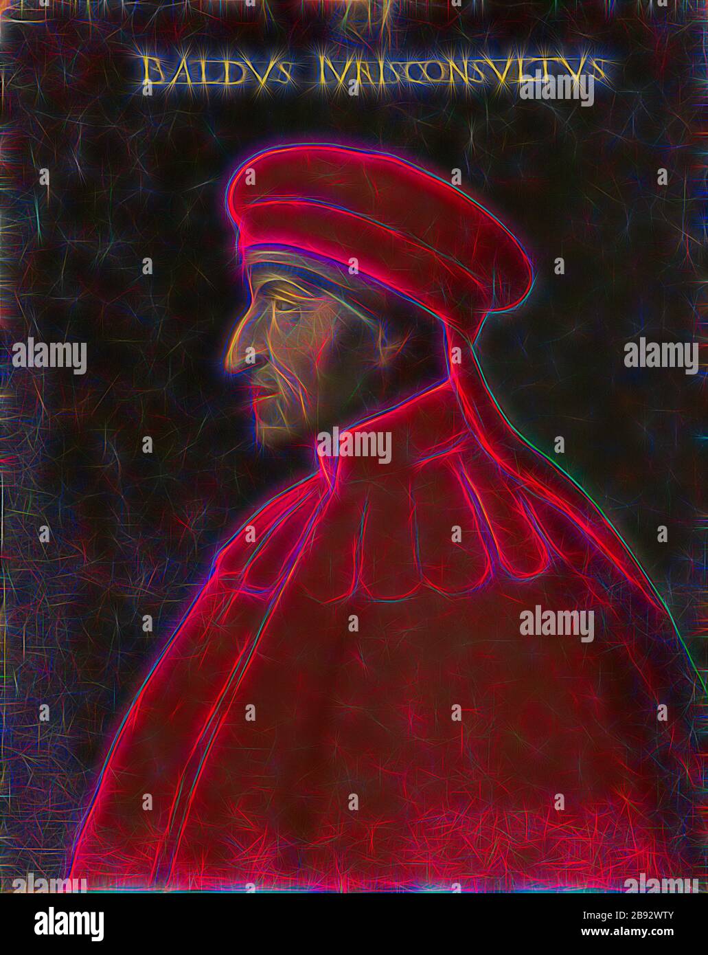 Porträt von Baldo degli Ubaldi, Öl auf Leinwand, 76,5 x 63 cm, unmarkiert., oben: BALDVS IVRISCONSVLTVS, Cristofano (di Papi) dell' Altissimo, (Kopie nach/Kopie danach), um 1525-1605 Florenz, von Gibon reimentiert, Design von warmfröhlichem Leuchten von Helligkeit und Lichtstrahlen. Klassische Kunst mit moderner Note neu erfunden. Fotografie, inspiriert vom Futurismus, die dynamische Energie moderner Technologie, Bewegung, Geschwindigkeit und Kultur revolutionieren. Stockfoto