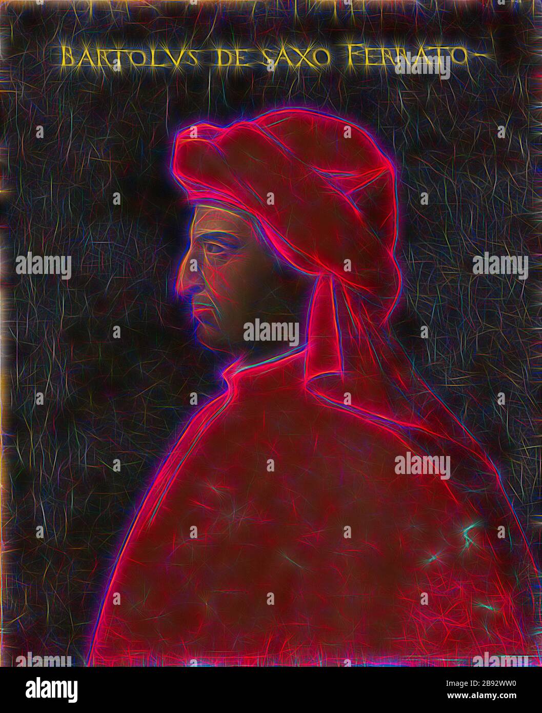 Porträt von Bartolo da Sassoferrato, Öl auf Leinwand, 77,5 x 64 cm, nicht spezifiziert., oben: BARTOLVS DE SAXO FERRATO, Cristofano (di Papi) dell' Altissimo, (Kopie nach/Kopie danach), um 1525-1605 Florenz, von Gibon neu vorgestellt, Design von warmheiterem Leuchten von Helligkeit und Lichtstrahlen. Klassische Kunst mit moderner Note neu erfunden. Fotografie, inspiriert vom Futurismus, die dynamische Energie moderner Technologie, Bewegung, Geschwindigkeit und Kultur revolutionieren. Stockfoto