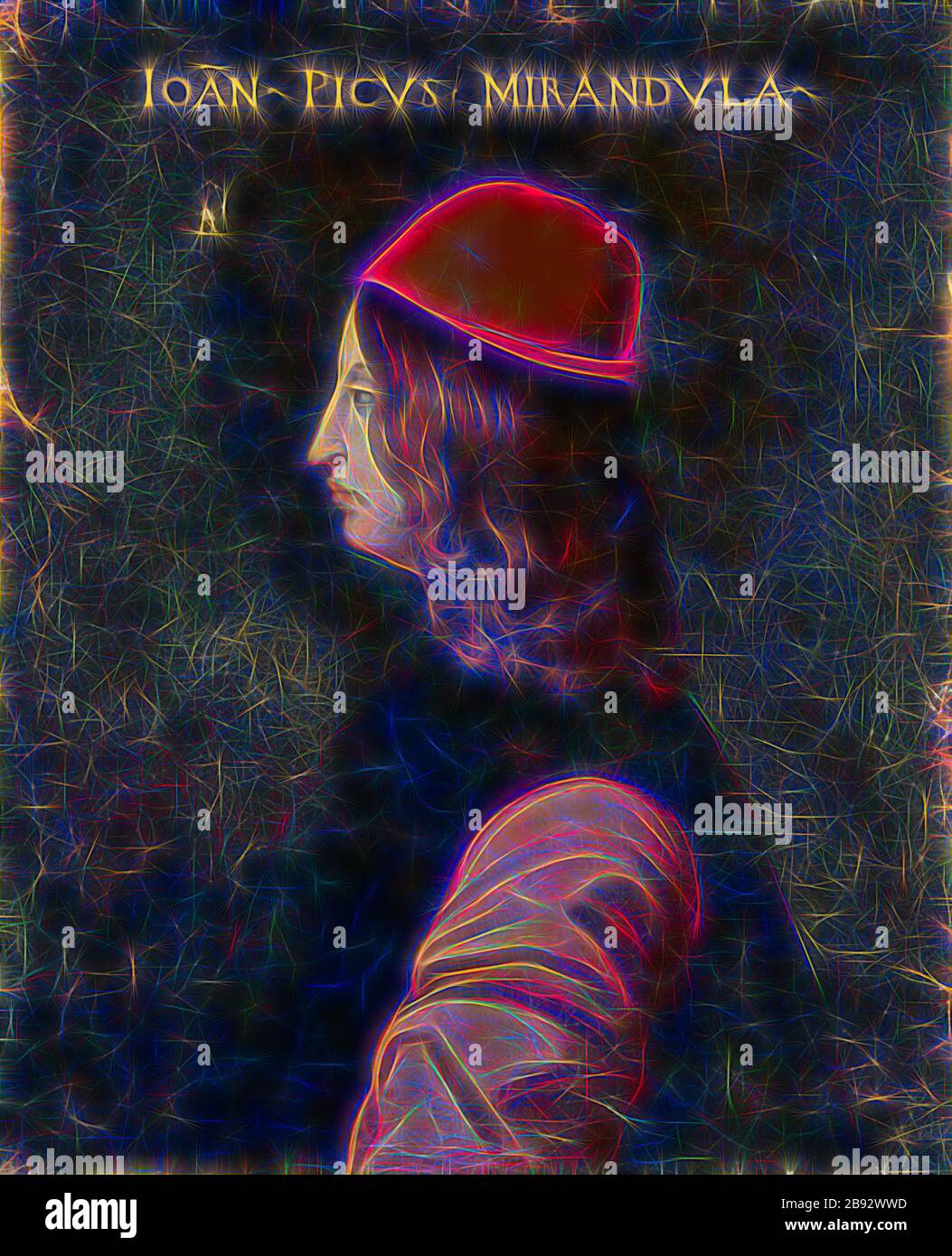 Porträt von Giovanni Pico della Mirandola, Öl auf Leinwand, 77 x 63 cm, unmarkiert., oben: IOAN [NES] - PICVS • MIRANDVLA - Cristofano (di Papi) dell' Altissimo, (Kopie nach/Kopie danach), um 157-1605 Florenz, von Gibon rezipiert, Design von warmem Licht und strahlendem Licht. Klassische Kunst mit moderner Note neu erfunden. Fotografie, inspiriert vom Futurismus, die dynamische Energie moderner Technologie, Bewegung, Geschwindigkeit und Kultur revolutionieren. Stockfoto