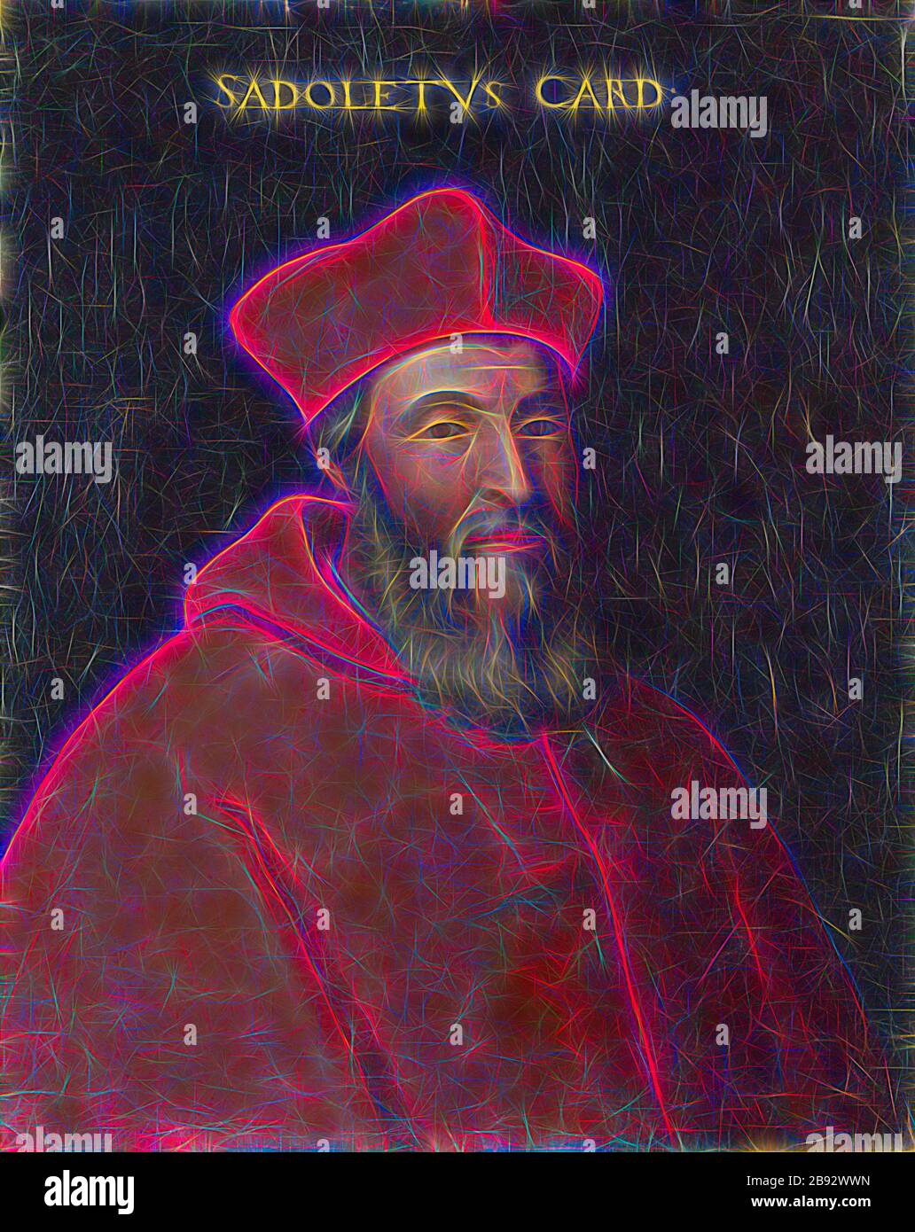 Porträt von Jacopo Sadoleto, Öl auf Leinwand, 77,5 x 62,5 cm, unsigniert., oben: SADOLETVS-KARTE • [INALIS], Cristofano (di Papi) dell' Altissimo, (Kopie nach/Kopie danach), um 155-1605 Florenz, von Gibon neu vorgestellt, Design von warmem fröhlichem Leuchten von Helligkeit und Lichtstrahlen. Klassische Kunst mit moderner Note neu erfunden. Fotografie, inspiriert vom Futurismus, die dynamische Energie moderner Technologie, Bewegung, Geschwindigkeit und Kultur revolutionieren. Stockfoto