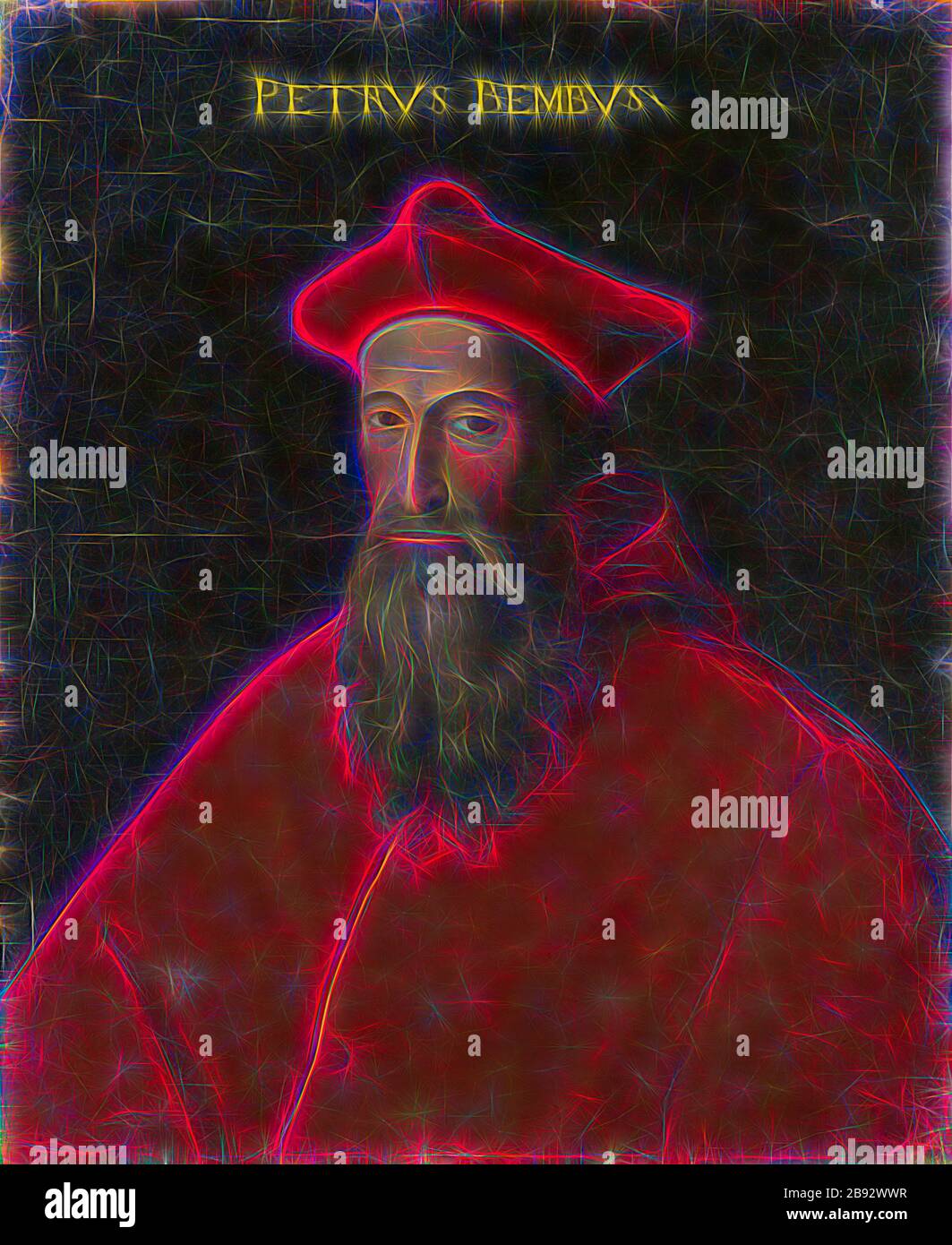 Porträt von Pietro Bembo, Öl auf Leinwand, 77,5 x 63 cm, unmarkiert., oben: PETRVS BEMBVS -, Cristofano (di Papi) dell' Altissimo, (Kopie nach/Kopie danach), um 157-1605 Florenz, von Gibon neu vorgestellt, Design von warmem fröhlichem Leuchten von Helligkeit und Lichtstrahlen. Klassische Kunst mit moderner Note neu erfunden. Fotografie, inspiriert vom Futurismus, die dynamische Energie moderner Technologie, Bewegung, Geschwindigkeit und Kultur revolutionieren. Stockfoto