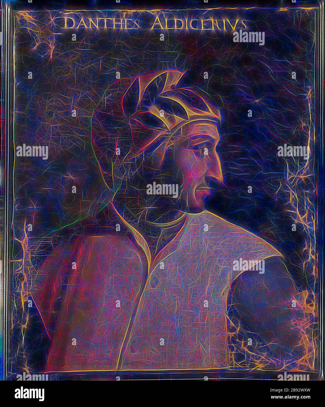 Porträt von Dante Alighieri, Öl auf Leinwand, 74,5 x 63 cm, unmarkiert., oben: DANTHES AldigeriVS, Cristofano (di Papi) dell' Altissimo, (Kopie nach/Kopie danach), um 155-1605 Florenz, von Gibon neu vorgestellt, Design von warmem fröhlichem Leuchten von Helligkeit und Lichtstrahlen. Klassische Kunst mit moderner Note neu erfunden. Fotografie, inspiriert vom Futurismus, die dynamische Energie moderner Technologie, Bewegung, Geschwindigkeit und Kultur revolutionieren. Stockfoto