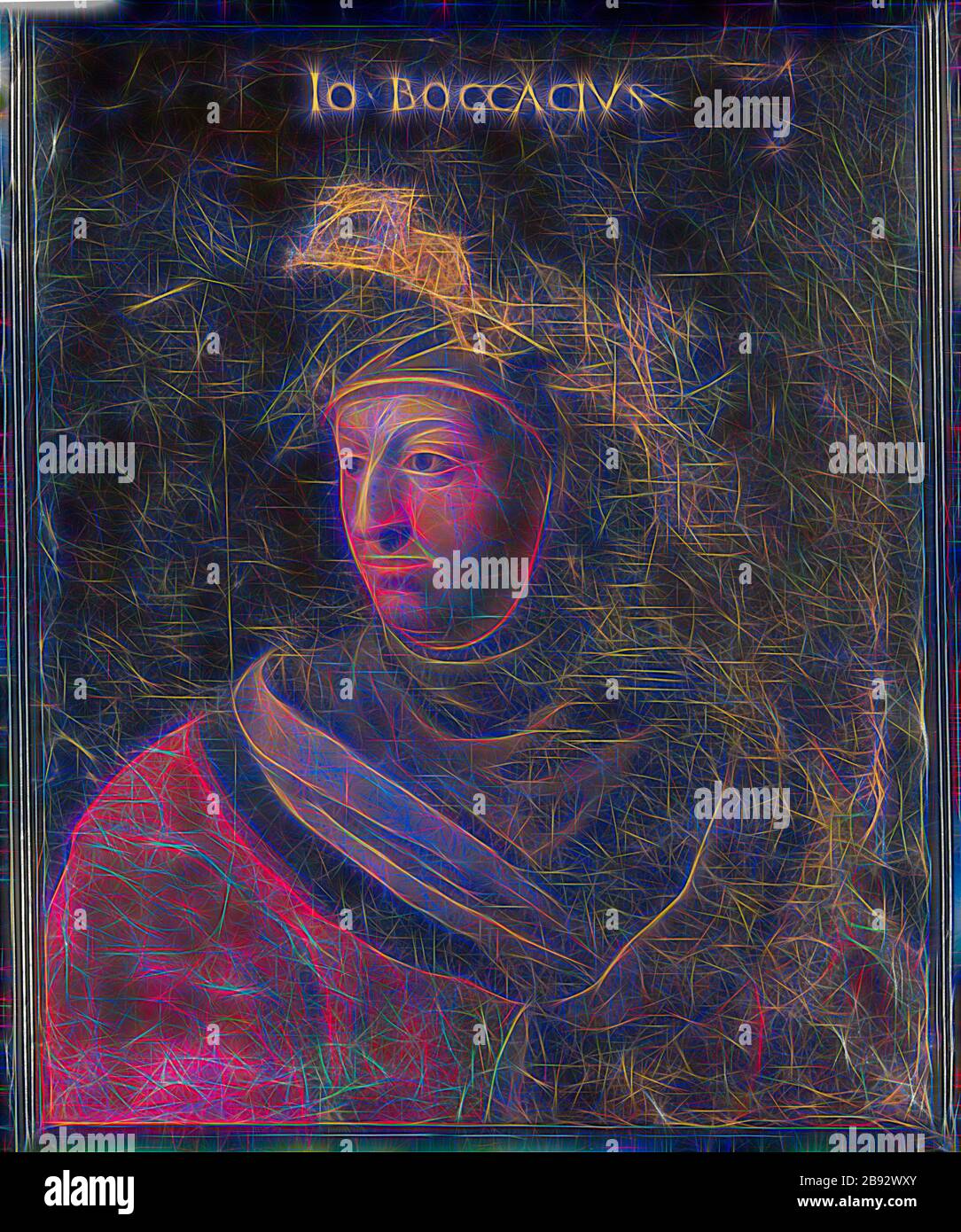 Portrait von Giovanni Boccaccio, Öl auf Leinwand, 76,5 x 62 cm, nicht spezifiziert., oben: IO [ANNES] • BOCCACIVS - Cristofano (di Papi) dell' Altissimo, (Kopie nach/Kopie danach), um 157-1605 Florenz, von Gibon neu vorgestellt, Design von warmem fröhlichem Leuchten von Helligkeit und Lichtstrahlen. Klassische Kunst mit moderner Note neu erfunden. Fotografie, inspiriert vom Futurismus, die dynamische Energie moderner Technologie, Bewegung, Geschwindigkeit und Kultur revolutionieren. Stockfoto