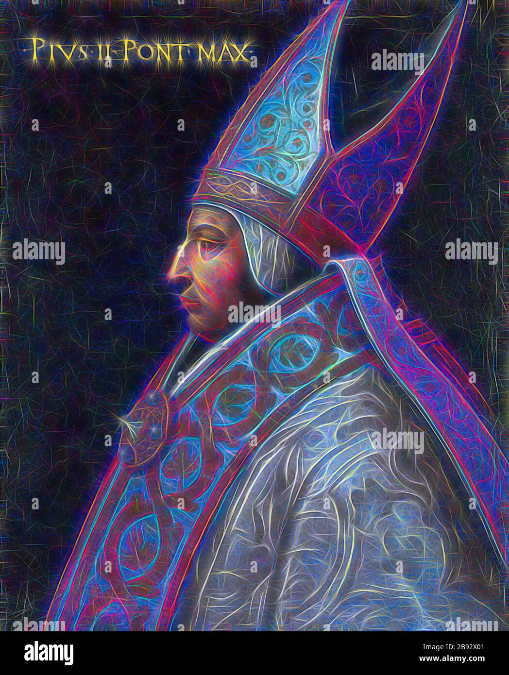 Porträt Papst Piusis II (Enea Silvio Piccolomini), Öl auf Leinwand, 77,5 x 64,5 cm, ohne Unterschrift., oben links: • PIVS • II • PONT • max •, Cristofano (di Papi) dell' Altissimo, (Kopie nach/Kopie danach), um 15-1605 Florenz, von Gibon neu vorgestellt, Design von warmem, fröhlichem Leuchten von Helligkeit und Lichtstrahlen. Klassische Kunst mit moderner Note neu erfunden. Fotografie, inspiriert vom Futurismus, die dynamische Energie moderner Technologie, Bewegung, Geschwindigkeit und Kultur revolutionieren. Stockfoto