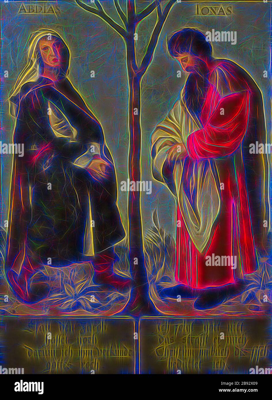 Die Propheten Obadja und Jonas, Öl auf Leinwand, 104 x 76,5 cm, unsigniert., über die Figuren: ABDIAS und IONAS, links unten: Esau der Jakob, hassen immer noch, deshalb verkünde ich ihm, Gott habe gerochen., unten rechts: Ich Folge gott Nitt, dass er mich, Christus im BU [o] ch des Fisches, strafft, ich füttert., Bartholomäus Sarburgh, Trier um 1590 - nach 1637 Niederlande, Hans Holbein d. J., (Kopie nach/Kopie danach), Augsburg um 1497-1543 London, von Gibon neu vorgestellt, Design von warmfröhlichem Leuchten von Helligkeit und Lichtstrahlen. Klassische Kunst mit moderner Note neu erfunden. Von Futur inspirierte Fotografie Stockfoto