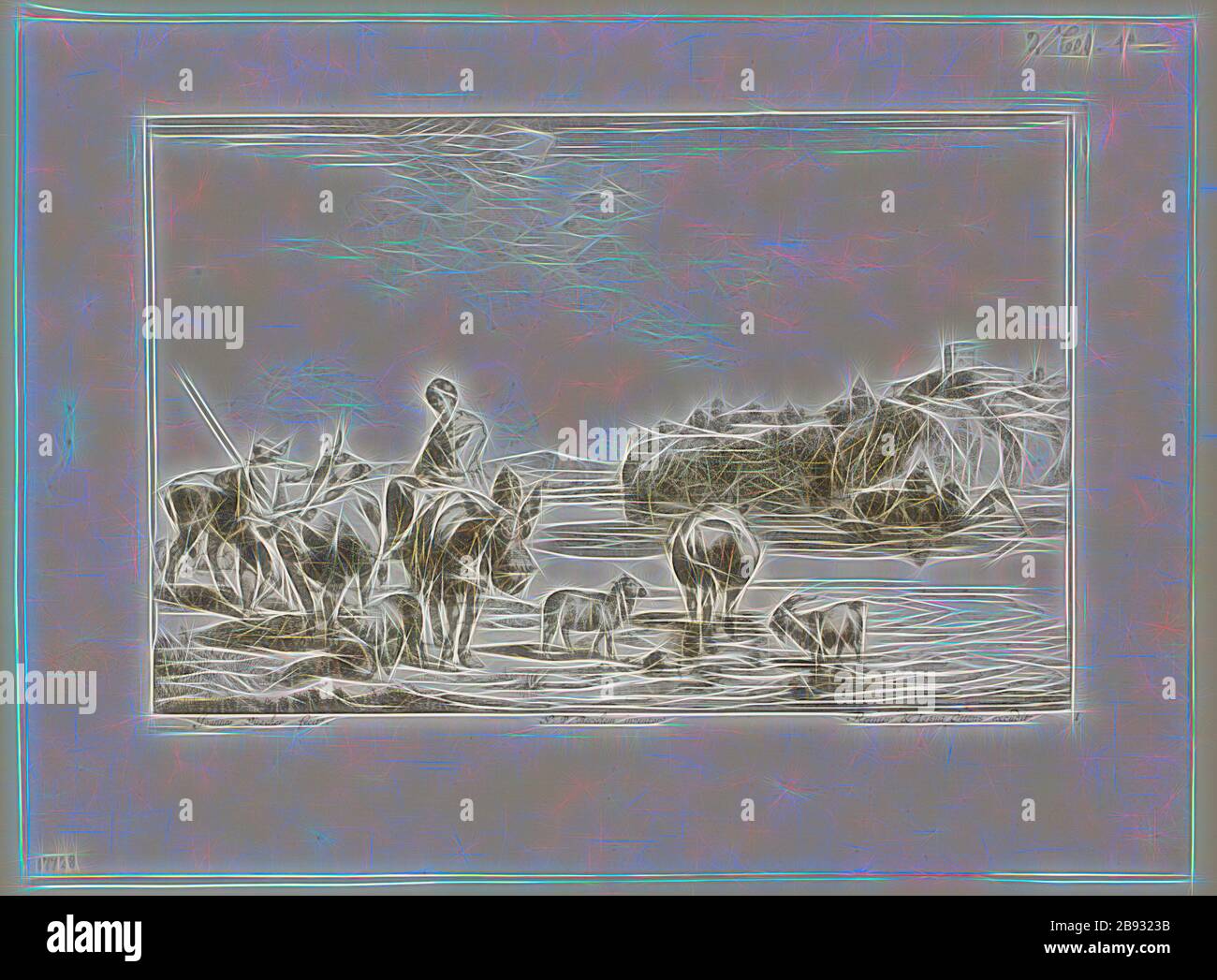 Hirtenstück am Fluss, Radierung, Platte: 15,3 x 23,2 cm, in der Platte u., l, ., signiert: Joannes Visscher fecit ., u, ., M. bezeichnet: N: P. Bechem Erfinder, u, ., r., bezeichnet: Reinier, Nicolaes (Claes Pietersz.) Berchem, Zeichner, Haarlem 1620-1683 Amsterdam, Jan (Johannes) de Visscher, Stecher, Amsterdam um 1636-nach 1692, von Gibon neu vorgestellt, Gestaltung von warmfröhlichem Leuchten von Helligkeit und Lichtstrahlen. Klassische Kunst mit moderner Note neu erfunden. Fotografie, inspiriert vom Futurismus, die dynamische Energie moderner Technologie, Bewegung, Geschwindigkeit und Kultur revolutionieren. Stockfoto