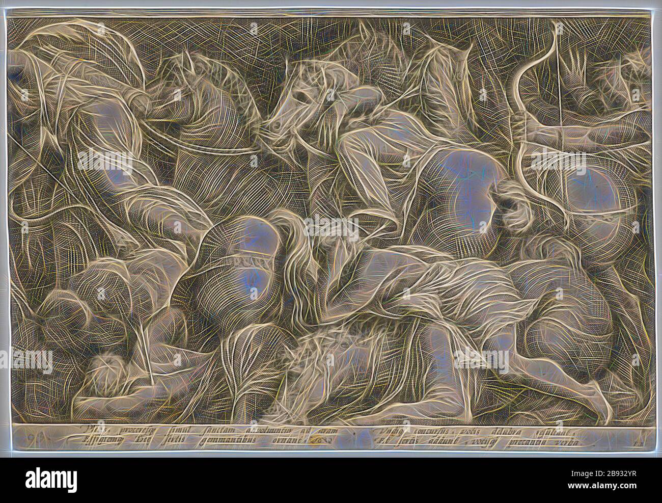 Die Bestrafung von Niobe (zweite Platte), 1594, Kopperplatte, Blatt: 26,3 x 38,4 cm (innerhalb des Plattenrandes geschnitten), eingeschrieben unter dem Bildfeld: Plebs, proceresq [ue] simul sanctam advoluuntur ad aram, effigiemq [ue] de [a, ] sertis gemantibus, vandidant, vandultis, vandultis, vandarntis, vandidant. Votisq [ue] precantia verba., FE, Jan Saenredam, Stecher, Zaandam 1565-1607 Assendelft, Hendrick Goltzius, Zeichner, Mühlbrecht 1558-1617 Haarlem, Polidoro Caldara, gen. Da Caravaggio, Inventor, Caravaggio bei Bergamo um 1499 (?) - 1543 Messina, von Gibon neu erdacht, Design Stockfoto