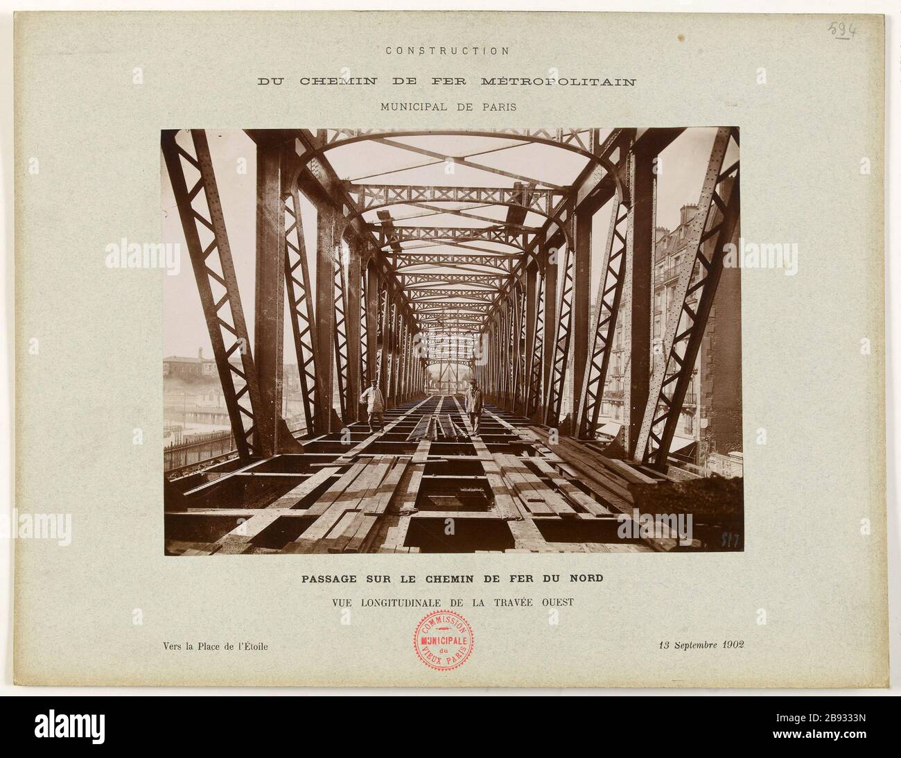 Gebäude / Eisenbahn Metropolitan / städtisches Paris // die Eisenbahn Nord- / Längsansicht der Westbucht / Richtung Place de l'Etoile / 13. September 1902 einschalten. Bau des Weges städtisch mit dem Zug Bau du chemin de fer métropolitain Gemeinde de Paris. Passage sur le chemin de fer du Nord, au dessus des lignes du chemin de fer de la Gare du Nord. Vue longitudinale de la travée Ouest. Vers la Place de l'Etoile 13 septembre 1902. Photographie anonyme. Aristoteles. Paris, musée Carnavalet. Stockfoto