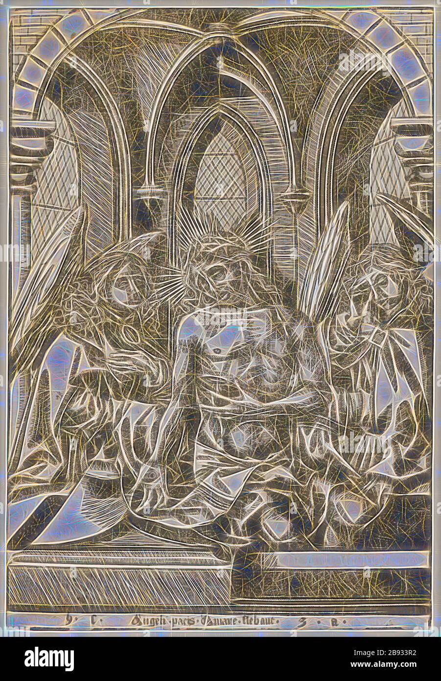 Der Schmerzensmann zwischen zwei Engeln (nach Israel van Meckenem), c 1500, Holzschnitt, folia: 27,1 x 18,5 cm, U. der Aufschrift: h.c., Angeli pacis Amare flüchtig, z. B. anonym, Deutschland, um 1500, Israel van Meckenem, (Kopie nach/Kopie nach), Meckenheim (?) Um 1440/45-1503 hat sich der von Gibon neu vorgestellte Entwurf eines warmfröhlichen Lichts von Helligkeit und Lichtstrahlen erdacht. Klassische Kunst mit moderner Note neu erfunden. Fotografie, inspiriert vom Futurismus, die dynamische Energie moderner Technologie, Bewegung, Geschwindigkeit und Kultur revolutionieren. Stockfoto