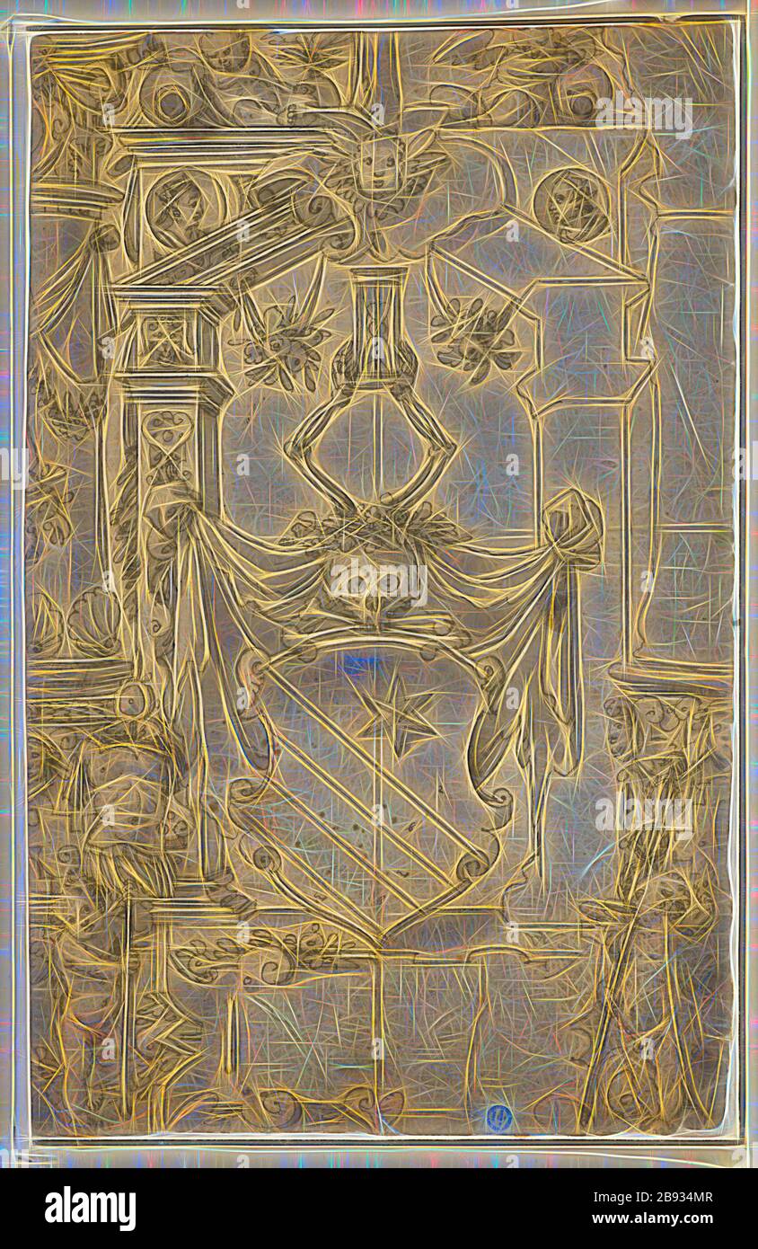 Zerbrochenes Glas mit dem Wappen von Conrad Lycosthenes (Wolfhart) von Rouffach, 1585, Stift in Schwarz, grau gewaschen, vollständig aufgewickelt, Seite: 32,9 x 20,8 cm, Farbinformationen, Hans Jakob Plepp, Biel um 1557/60 - 1597 / 98 wohl in Bern, von Gibon neu erdacht, Design von warmfröhlichem Leuchten von Helligkeit und Lichtstrahlen. Klassische Kunst mit moderner Note neu erfunden. Fotografie, inspiriert vom Futurismus, die dynamische Energie moderner Technologie, Bewegung, Geschwindigkeit und Kultur revolutionieren. Stockfoto