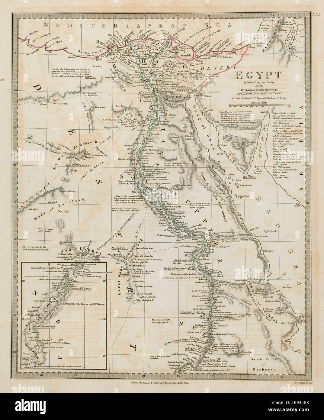 ÄGYPTEN & Nil. Tal der Könige. Ursprüngliche Umrißfarbe SDUK 1844 alte Karte Stockfoto