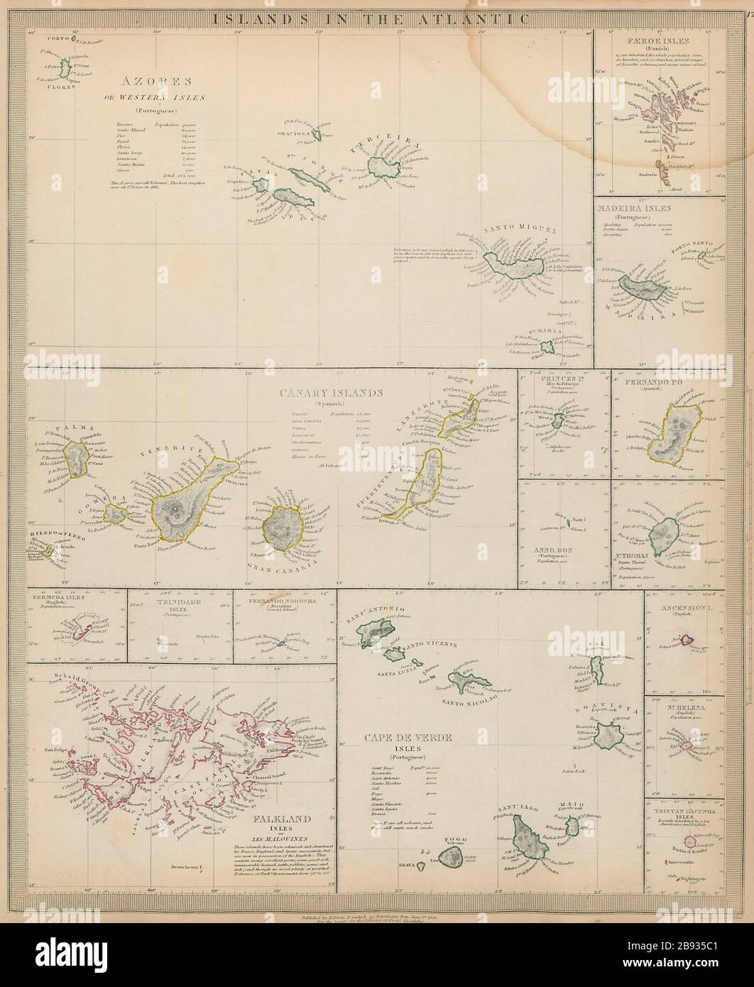ATLANTIC ISLANDS Kanarische Azoren Färöer Madeira Bermuda Falklands SDUK 1844 Karte Stockfoto