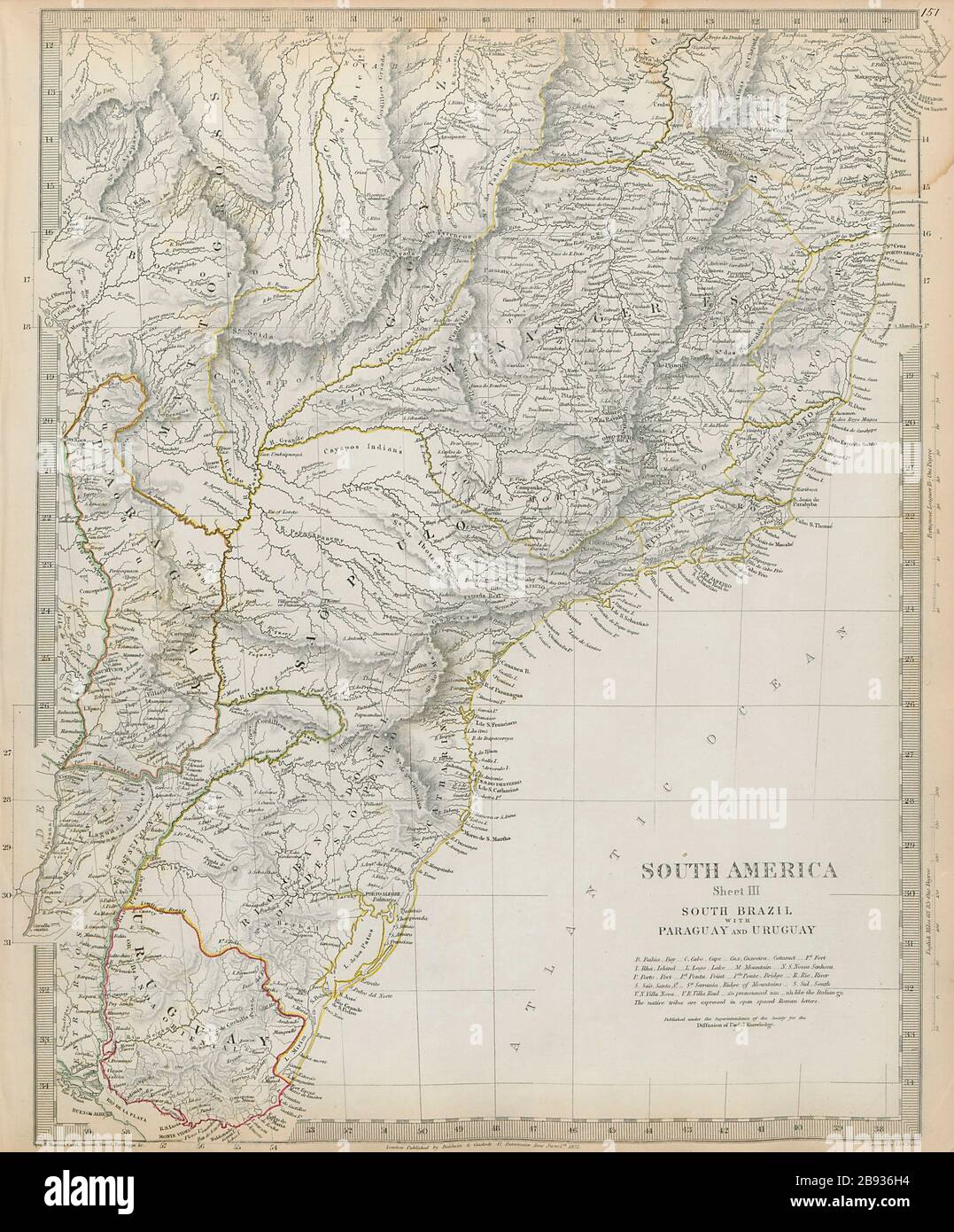 SÜDBRASILIEN MIT PARAGUAY UND URUGUAY. Bahia Minas Gerais Sao Paolo SDUK 1844 Karte Stockfoto