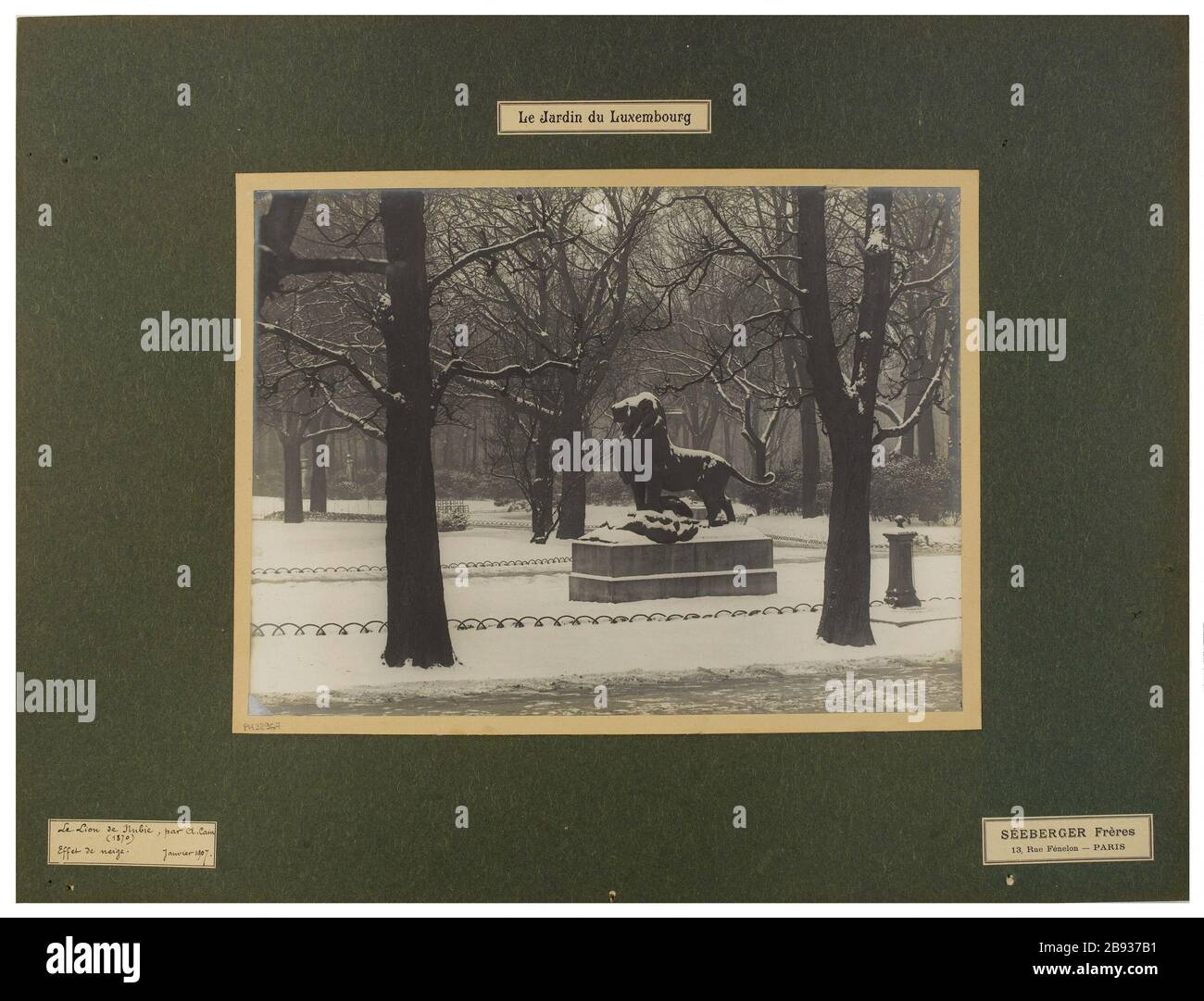 Der Jardin du Luxembourg / der Löwe von Nubien, von A. Cain / (1870) / Effect Snow / Januar 1907. Der Löwe von Nubien von Auguste Cain (1870), Snow Effect, Jardin du Luxembourg, 6. Bezirk, Paris Séeberger Frères. Le Jardin du Luxembourg / Le Lion de Nubie, par A. Cain / (1870) / Effet de neige / Janvier 1907. "Le Lion de Nubie par Auguste Cain (1870), effet de neige, jardin du Luxembourg, 6ème arronoire, Paris". Tirage au gélatino-bromure d'argent. En 1907-01-1907-01. Paris, musée Carnavalet. Stockfoto