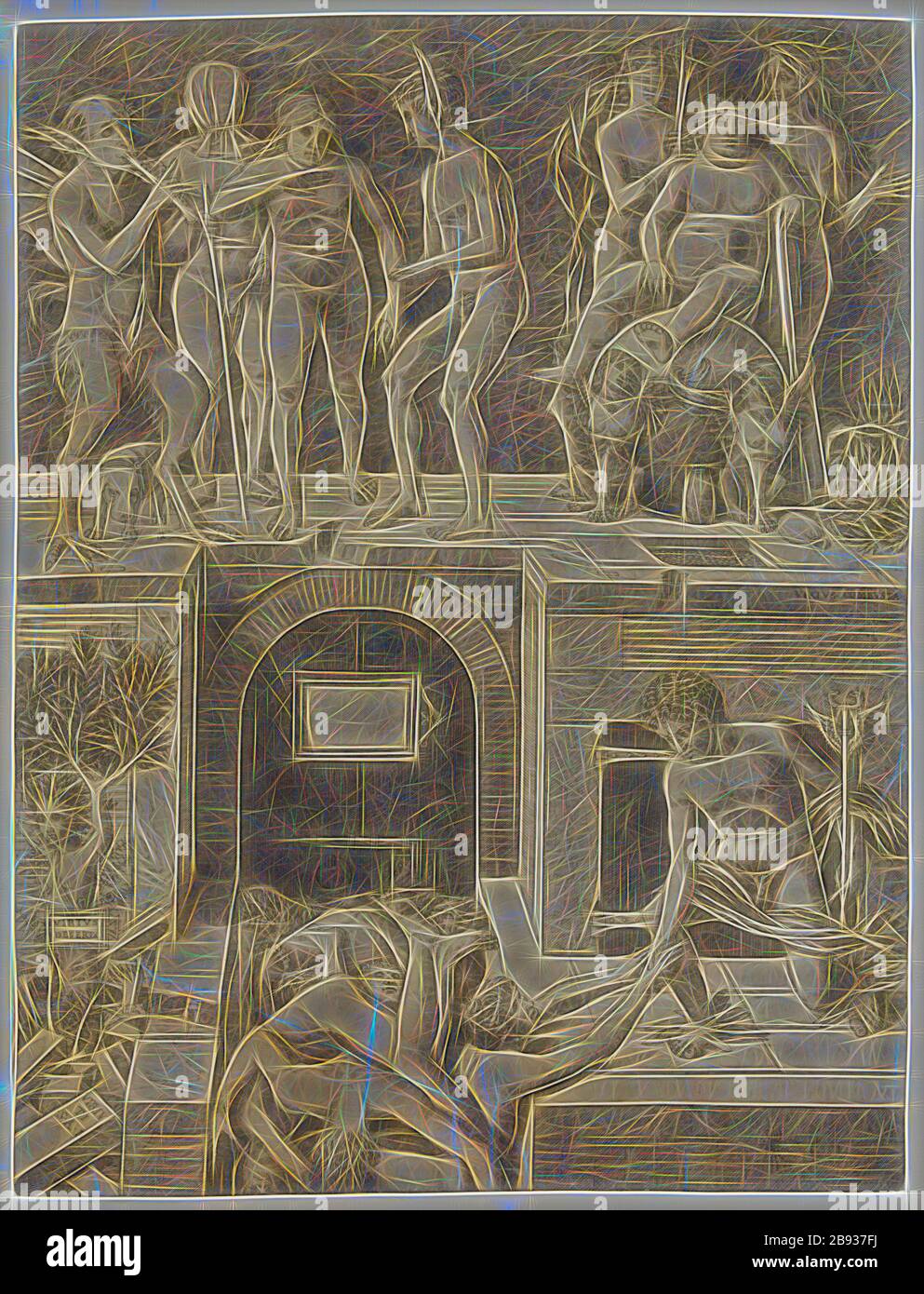 Andrea Zoan, Italienisch, 1475-1505, nach Andrea Mantegna, Italienisch, 1431-1506, Ignoranz und Merkur: Eine Allegorie der Tugend und des Vize, 16. Jahrhundert, Gravur in schwarzer Tinte auf verlegtem Papier, Blatt (innerhalb des Plattenbogens geschnitten): 21 3/4 x 16 1/4 Zoll. (55,2 x 41,2 cm), von Gibon neu vorgestellt, Design von warmem, fröhlichem Leuchten von Helligkeit und Lichtstrahlen. Klassische Kunst mit moderner Note neu erfunden. Fotografie, inspiriert vom Futurismus, die dynamische Energie moderner Technologie, Bewegung, Geschwindigkeit und Kultur revolutionieren. Stockfoto