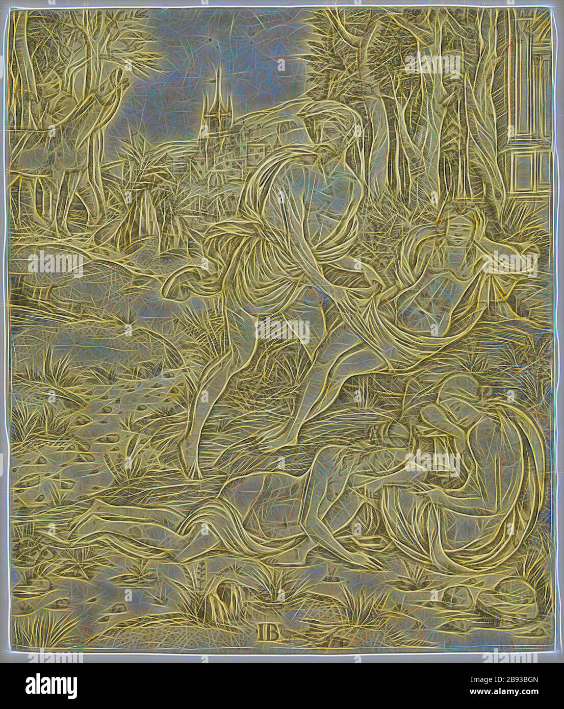 Meister I. B. mit dem Vogel, Italiener, Priapus und Lotis, 16. Jahrhundert, mit schwarzer Tinte bedruckter Gravur, Bogen (innerhalb der Plattenmarke geschnitten): 22,9 × 19,4 cm (9 × 7 5/8 Zoll), von Gibon neu vorgestellt, Design von warmem, fröhlichem Leuchten von Helligkeit und Lichtstrahlen. Klassische Kunst mit moderner Note neu erfunden. Fotografie, inspiriert vom Futurismus, die dynamische Energie moderner Technologie, Bewegung, Geschwindigkeit und Kultur revolutionieren. Stockfoto