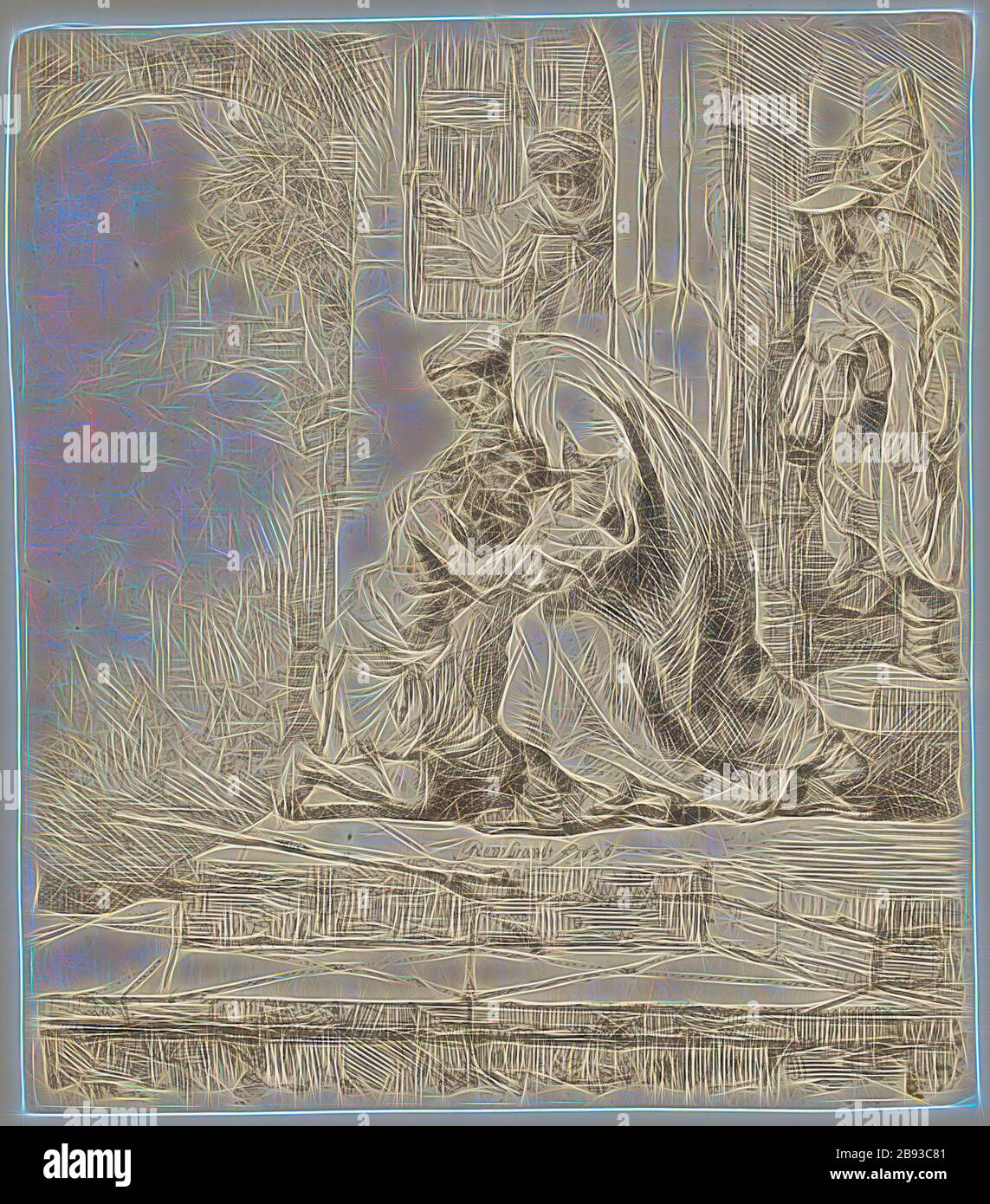 Rembrandt Harmensz van Rijn, niederländisch, 1606-1669, Rückkehr des Prodigal-Sohnes, 1636, Radierung in schwarzer Tinte auf verlegtem Papier, Platte: 15,6 × 13,7 cm (6 1/8 × 5 3/8 Zoll), von Gibon neu erdacht, Design von warmem, fröhlichem Leuchten von Helligkeit und Lichtstrahlen. Klassische Kunst mit moderner Note neu erfunden. Fotografie, inspiriert vom Futurismus, die dynamische Energie moderner Technologie, Bewegung, Geschwindigkeit und Kultur revolutionieren. Stockfoto