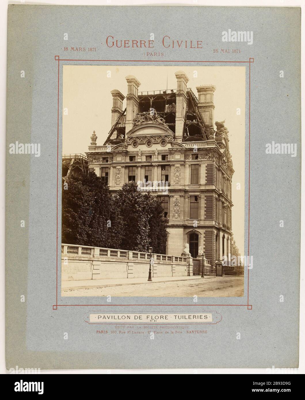 Bürgerkrieg / (Paris) / 18 Mars -11 / 28. Mai 1871 // Pavillon de Flore - Tuilerien / Nr. 41. Blick auf die Ruinen des Pavillons de Flore, 1. Bezirk, Pariser Kommune de Paris 1871. Tuilerien. Vue des ruines du pavillon de Flore, Paris (Ier arr.). Photographie anonyme. Paris, musée Carnavalet. Paris, musée Carnavalet. Stockfoto