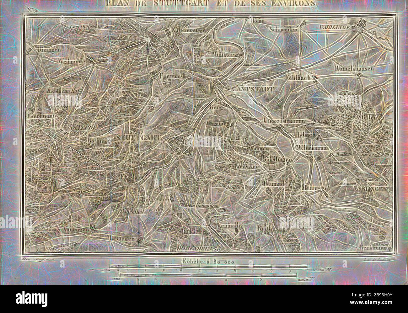 Karte von Stuttgart und Umgebung, Karte Stuttgart und Umgebung Baden-Württemberg Deutschland, n. 9, nach S. 96, S. 113, Tome 3, Desmadryl ainé, Langlumé (lith.), Maréchal [Laurent de] Gouvion-Saint-Cyr: Mémoires sur les campagnes des armées du Rhin et de Rhin-et-Moselle, de 1792 jusqu'à la paix de Campo-Formio. Tomé 3. Paris. Anselin, libraire pour l'Art militaire, 1828-1829, neu gestaltet von Gibon, Design von warmen fröhlich glühen der Helligkeit und Lichtstrahlen Ausstrahlung. Klassische Kunst neu erfunden mit einem modernen Twist. Fotografie inspiriert von Futurismus, umarmt dynamische Energie der modernen Technologie, bewegen Stockfoto