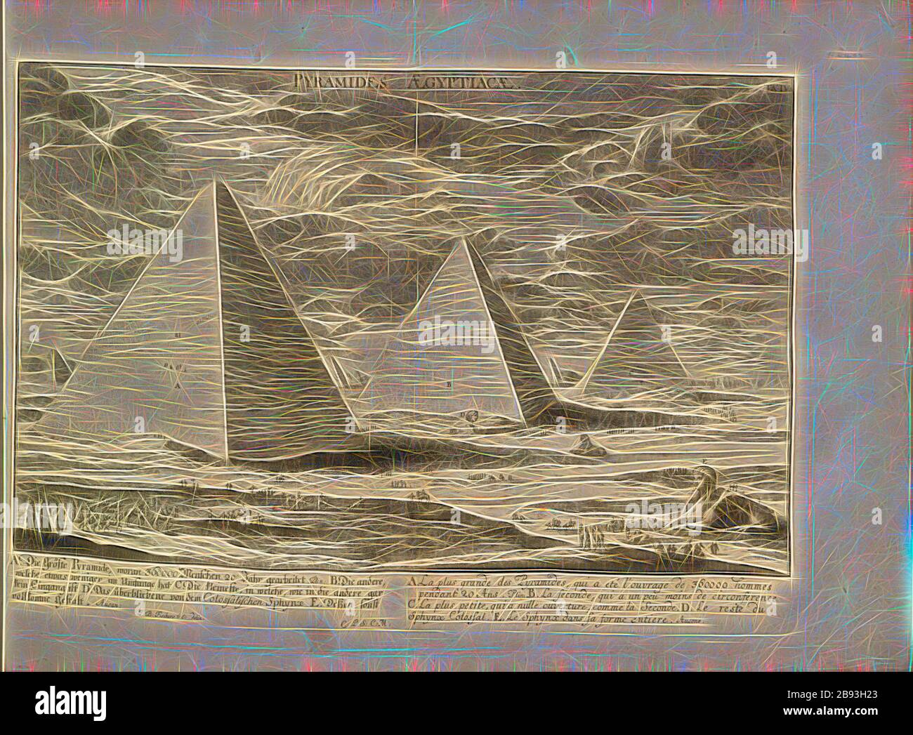 Die Pyramiden in Ägypten, Illustration des zweiten Weltwunders, der Pyramiden von Gizeh, aus dem 18. Jahrhundert, signiert: J. B. Fischers v. Chr., E. delin, TA., IV, S. 33, Fischer von Erlach, Johann Bernhard (del.), Johann Bernhard Fischer von Erlach: Entwurf einer historischen Architektur, in Abbildung unterschiedlicher Abrissungen, vor Augen zu stellen [...]. Ersteres Buch. Wien, 1721, neu gestaltet von Gibon, Design von warmen fröhlich glühen der Helligkeit und Stockfoto