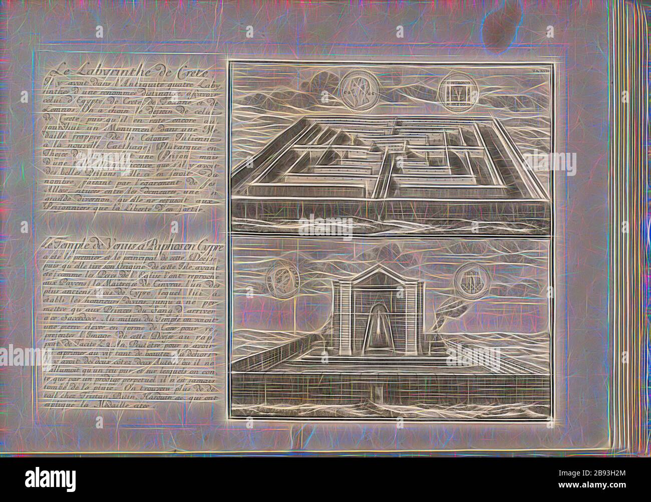 Das Labyrinth von Kreta, der Tempel der Venus in Paphos in Zypern, oben: 18. Jahrhundert Labyrinth von Kreta, unten: 18. Jahrhundert Paphos Tempel der Venus auf Zypern, TA., XVII, S. 77, 1721, Johann Bernhard Fischer von Erlach: Entwurf einer historischen Architektur, in Abbildung unterschiedlicher Abrissungen, vor Augen zu stellen [...]. Ersteres Buch. Wien, 1721, neu gestaltet von Gibon, Design von warmen fröhlichen Leuchten von Helligkeit und Lichtstrahlen Ausstrahlung. Classic A Stockfoto