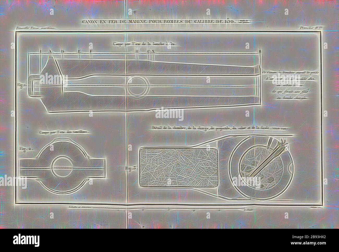 Marine-Eisen-Kanone für 150 Kaliber Bomben, Cannon, signiert: Adam sc, Planche IV, nach S. 446, Adam (sc.), Henri-Joseph Paixhans: Nouvelle Force maritime, et Application de cette Force à quelques parties du Service de l'armée de terre: Ou essai sur l'état actuel des moyens de la Force maritime, Sur une espèce nouvelle d'artillerie de mer, qui détruirait promptement les vaisseaux de haut-Bord, sur la construction de navieres à voile et à vapeur, de Grandeur modérée, qui, armés de cette artillerie, donneraient une marine moins couteuse et plus puissante que celles existantes, et sur la Force que le Stockfoto