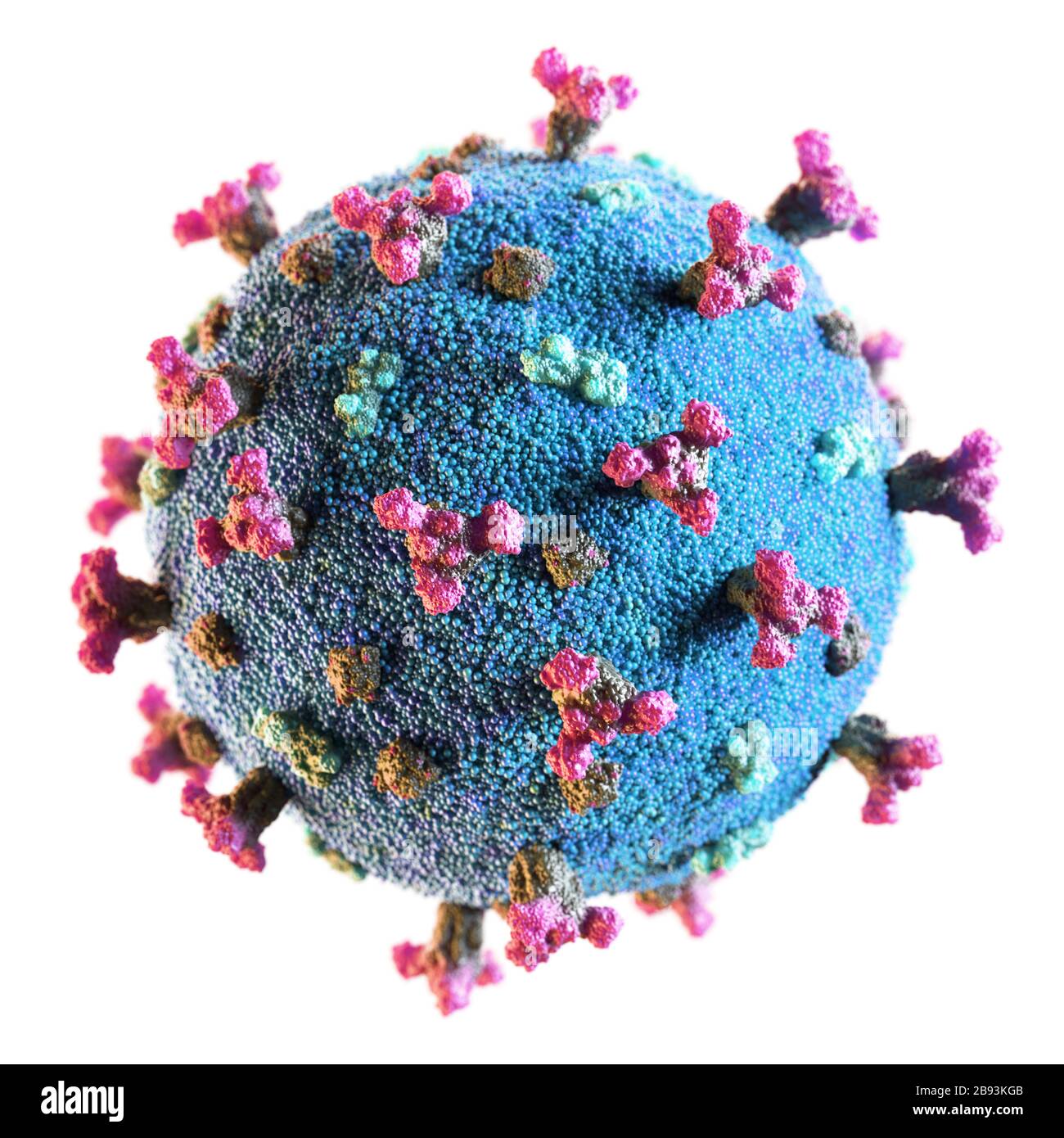 Corona-Virus SARS-COV-2 neuartiges Coronavirus-Konzept, das für den Kovid-19-Ausbruch als gefährliche Grippepandämie resposierbar ist. Nahaufnahme der Mikroskopviruszelle. Stockfoto