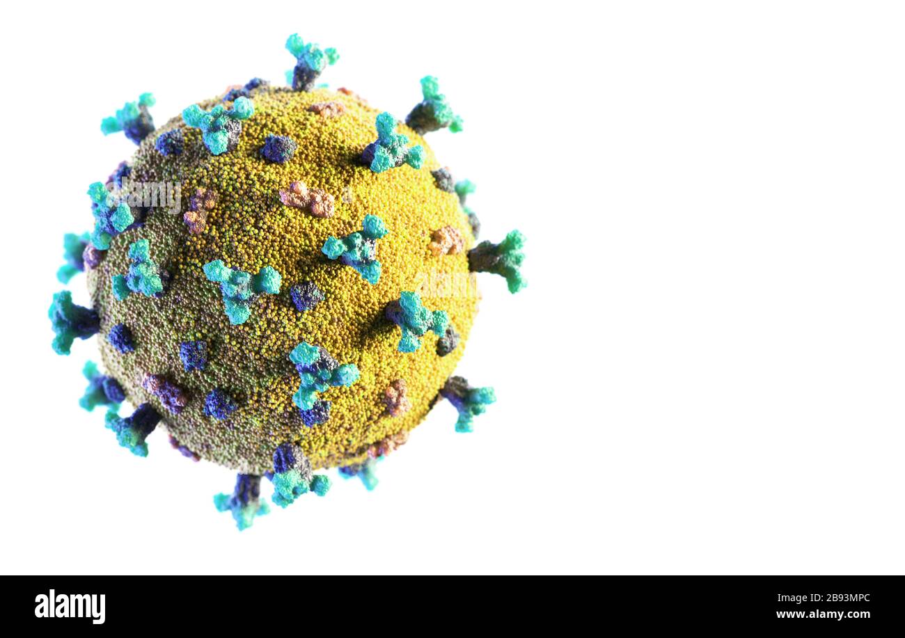 Corona-Virus SARS-COV-2 neuartiges Coronavirus-Konzept, das für den Kovid-19-Ausbruch als gefährliche Grippepandämie resposierbar ist. Nahaufnahme der Mikroskopviruszelle. Stockfoto