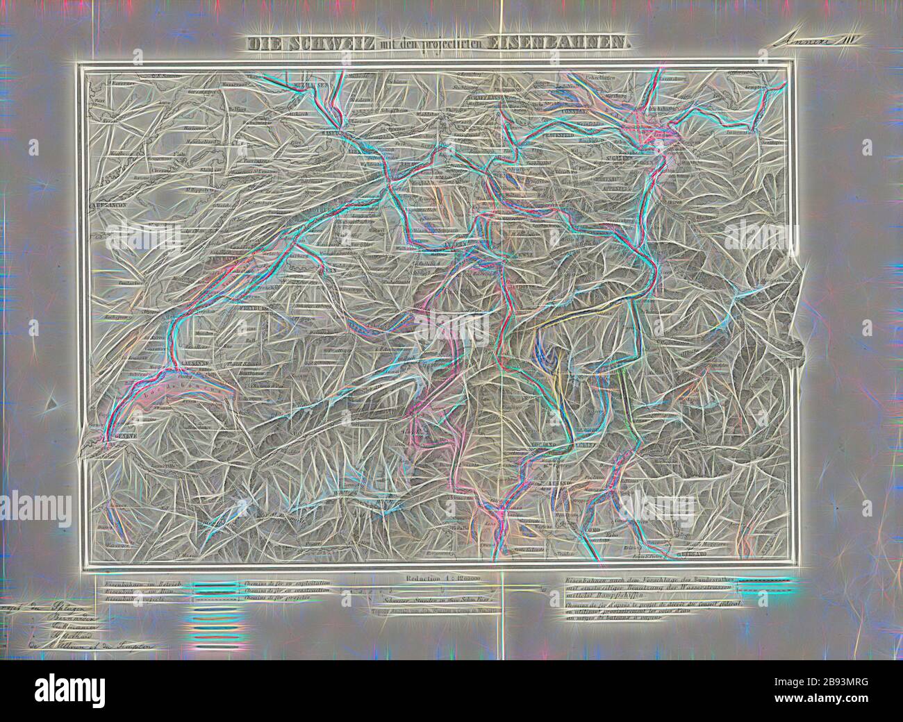 Schweiz mit den geplanten Bahnen, Schweizer Bahnstrecken nach Vorschlag des Bundesrates, Abb. 1, 1852, Chemin de fer des Alpes. Rapport sur la ligne la plus convenable pour la construction d' un chemin de fer destiné à relier en traversant les Alpes et la Suisse, les chemins de fer du Pièmont avec ceux du Rhin et de l'Allemagne. [S.l.]: s.n., 1851, neu gestaltet von Gibon, Design von warmen fröhlichen Leuchten von Helligkeit und Lichtstrahlen Ausstrahlung. Klassische Kunst neu erfunden mit einem modernen Twist. Fotografie inspiriert von Futurismus, umarmt dynamische Energie der modernen Technologie, Bewegung, Stockfoto