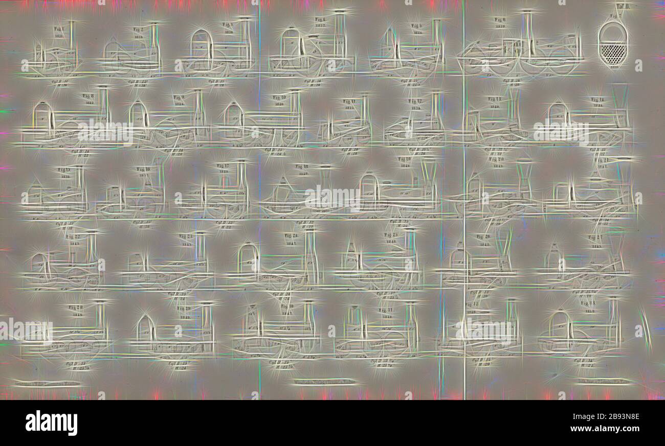 Zugmaschinen 1, verschiedene technische Skizzen von Traktoren, signiert: Heusinger v., W, Lith., V, J. Lehnhardt, Verlag v., Ch. W. Kreidel, Platte B, nach S. 175, Heusinger von Waldegg, Edmund, Lith. Anstalt von J. Lehnhardt (lith.), Christian Wilhelm Kreidel Verlag (ed.), Edmund Heusinger von Waldegg, Wilhelm Clauss: Abbildung und Beschreibung der Locomotive-Maschine: Nach den besten und neuesten Konstruktionen: unter Nutzung der englischen Werke von Tredgold, Kinnear Clark, und der französischen Schriften von Le Chatet, Mathias und Polengau. Wiesbaden: Verla Stockfoto