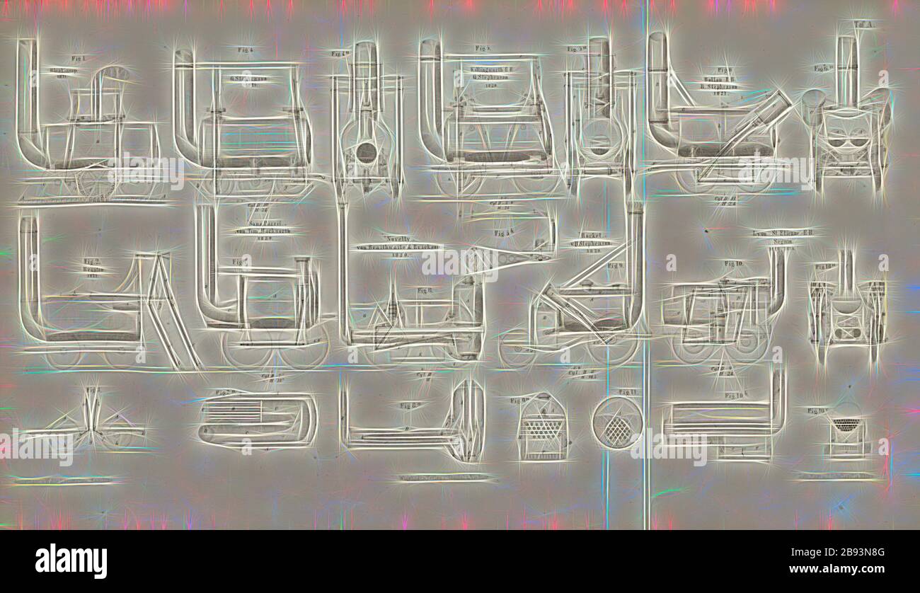 Dampfwagen, verschiedene technische Skizzen von Dampfwagen, signiert: Heusinger v., W, Lith., V, J. Lehnhardt, Verlag v., Ch. W. Kreidel, Tafel A, bis S. 175, Heusinger von Waldegg, Edmund, Lith. Anstalt von J. Lehnhardt (lith.), Christian Wilhelm Kreidel Verlag (ed.), Edmund Heusinger von Waldegg, Wilhelm Clauss: Abbildung und Beschreibung der Locomotive-Maschine: Nach den besten und neuesten Konstruktionen: unter Nutzung der englischen Werke von Tredgold, Kinnear Clark, und der französischen Schriften von Le Chatet, Mathias und Polengau. Wiesbaden: Verlag von Kreid Stockfoto