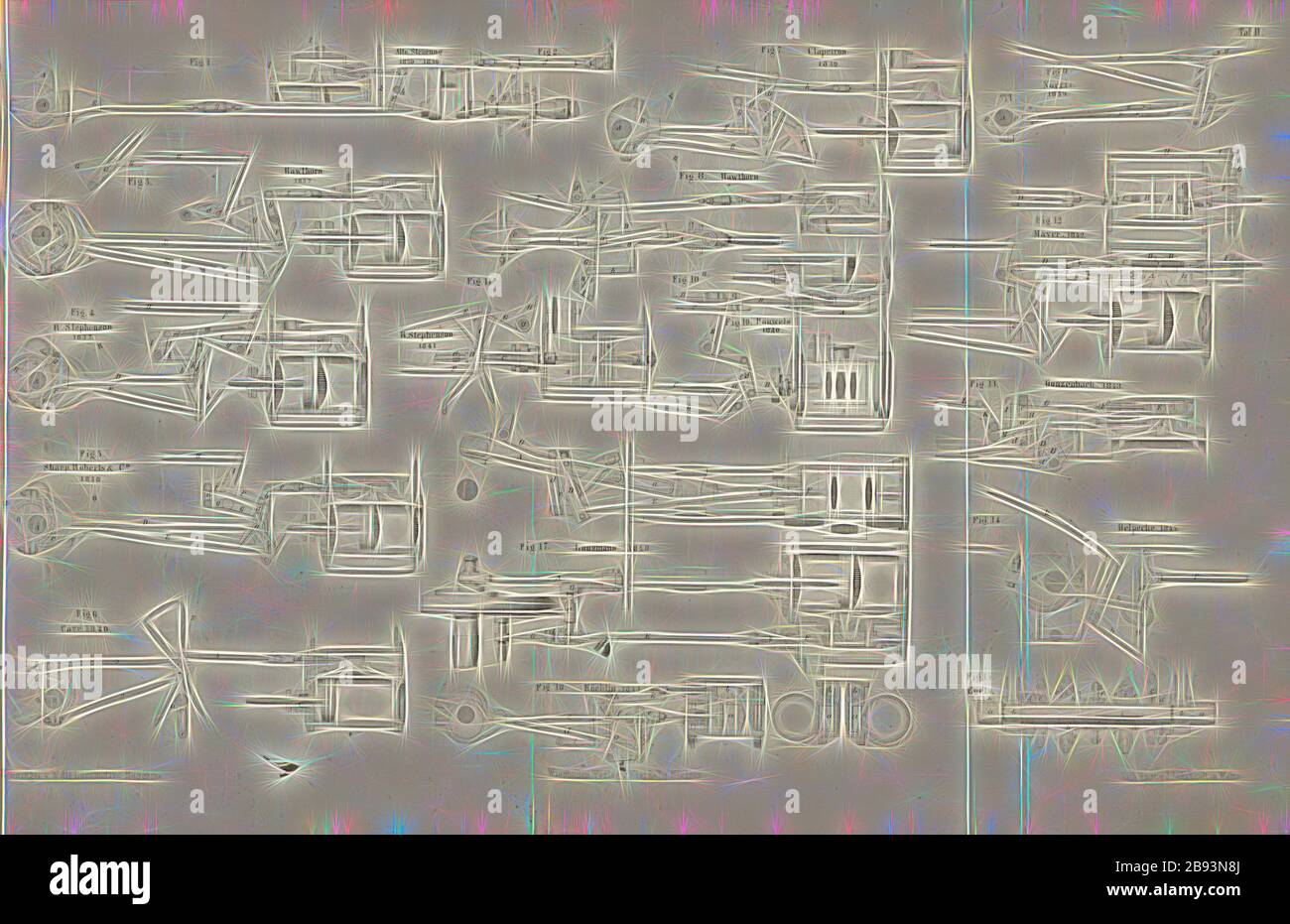 Steuerelemente von Lokomotiven, Technische Skizzen von Steuerungen, signiert: Heusinger v., W, Lith., V, J. Lehnhardt, Verlag v., Ch. W. Kreidel, Platte D, nach S. 175, Heusinger von Waldegg, Edmund, Lith. Anstalt von J. Lehnhardt (lith.), Christian Wilhelm Kreidel Verlag (ed.), Edmund Heusinger von Waldegg, Wilhelm Clauss: Abbildung und Beschreibung der Locomotive-Maschine: Nach den besten und neuesten Konstruktionen: unter Nutzung der englischen Werke von Tredgold, Kinnear Clark, und der französischen Schriften von Le Chatet, Mathias und Polengau. Wiesbaden: V Stockfoto
