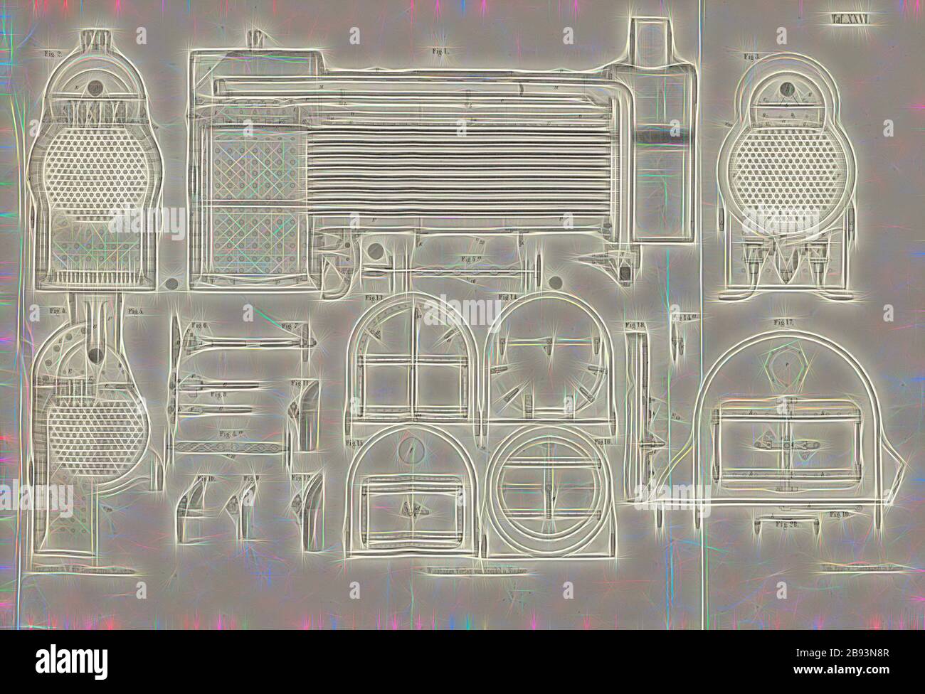 Verschiedene Konstruktionen von neuen Feuerlöschkesseln, Kessel und Feuerwerkskörper von Lokomotiven, signiert: Heusinger v., W, Lith., V, J. Lehnhardt, Verlag v., Ch. W. Kreidel, Tafel XXVI, nach S. 175, Heusinger von Waldegg, Edmund, Lith. Anstalt von J. Lehnhardt (lith.), Christian Wilhelm Kreidel Verlag (ed.), Edmund Heusinger von Waldegg, Wilhelm Clauss: Abbildung und Beschreibung der Locomotive-Maschine: Nach den besten und neuesten Konstruktionen: unter Nutzung der englischen Werke von Tredgold, Kinnear Clark, und der französischen Schriften von Le Chatet, Mathias und Polonceat Stockfoto