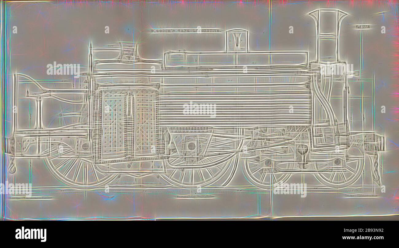 D. Goochs Panzerlokomotive, mittlere Länge der Lokomotive, signiert: Heusinger v., W, Lith., V, J. Lehnhardt, Verleger v., Ch. W. Kreidel, Tafel XXXII, nach S. 175, Heusinger von Waldegg, Edmund, Lith. Anstalt von J. Lehnhardt (lith.), Christian Wilhelm Kreidel Verlag (ed.), Edmund Heusinger von Waldegg, Wilhelm Clauss: Abbildung und Beschreibung der Locomotive-Maschine: Nach den besten und neuesten Konstruktionen: unter Nutzung der englischen Werke von Tredgold, Kinnear Clark, und der französischen Schriften von Le Chatet, Mathias und Polengau. Wiesbaden: Stockfoto