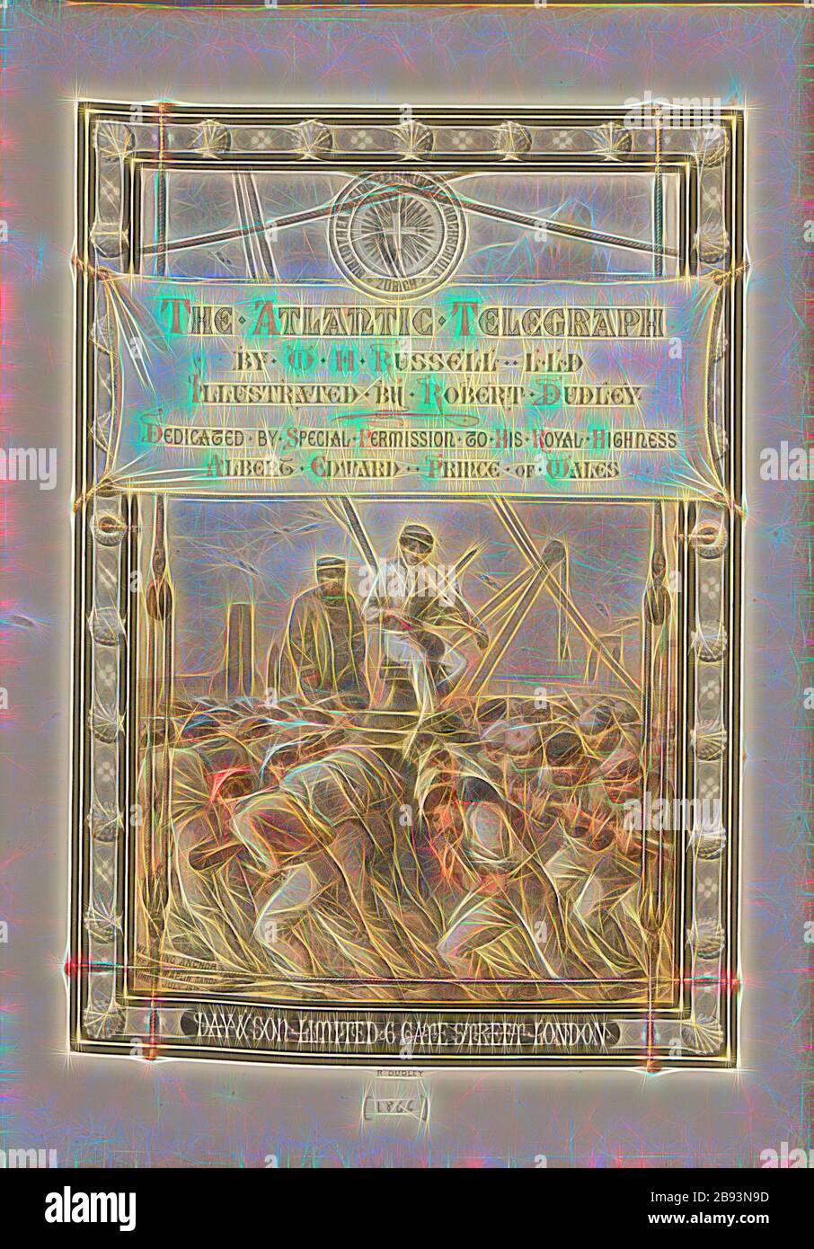 Waging Anchor off the Maplin Sands, Nore, 15. Juli, verankerte den Großen Osten am 15. Juli 1865 im Nore in England, Titel Kupfer, Dudley, Robert (Abb.), Day & Co (lith.), 1866, William Howard Russell, Robert Dudley: The atlantic Telegraph. Mit besonderer Erlaubnis seiner Königlichen Hoheit Albert Edward Prince of Wales gewidmet. London: Day and Son Limited, [1866], neu gestaltet von Gibon, Design von warmen fröhlichen Leuchten von Helligkeit und Lichtstrahlen Ausstrahlung. Klassische Kunst neu erfunden mit einem modernen Twist. Fotografie inspiriert von Futurismus, umarmt dynamische Energie der modernen Technologie, Bewegung, Spee Stockfoto