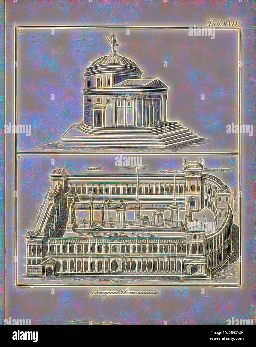 1. Serapis, 2. Über Biggest, Serapeum und Circo Massimo in Rom, signiert: Dathe, C. (lith.), Stdr., F. W. Thürnecke, Tab. XXIV, Daticus, C. (lith.), Thürnecke, F. W. (Steindr.), Franz Heinrich Köhler: Urbs Roma: Ansichten der Tempel, Paläste, Theater, Amphitheater, Triumphbogen, Porticus, Circi, Naumachien, Basilieae, Grabmäler, Wasserleitungen, Thore, Bäder, Ehrensäulen, Obelisken etc. Bd. 2. Leipzig: Köhler, 1829, neu gestaltet von Gibon, Design von warmen fröhlichen Leuchten von Helligkeit und Lichtstrahlen Ausstrahlung. Klassische Kunst neu erfunden mit einem modernen Twist. Fotografie inspiriert von Futurismus, umarmt d Stockfoto