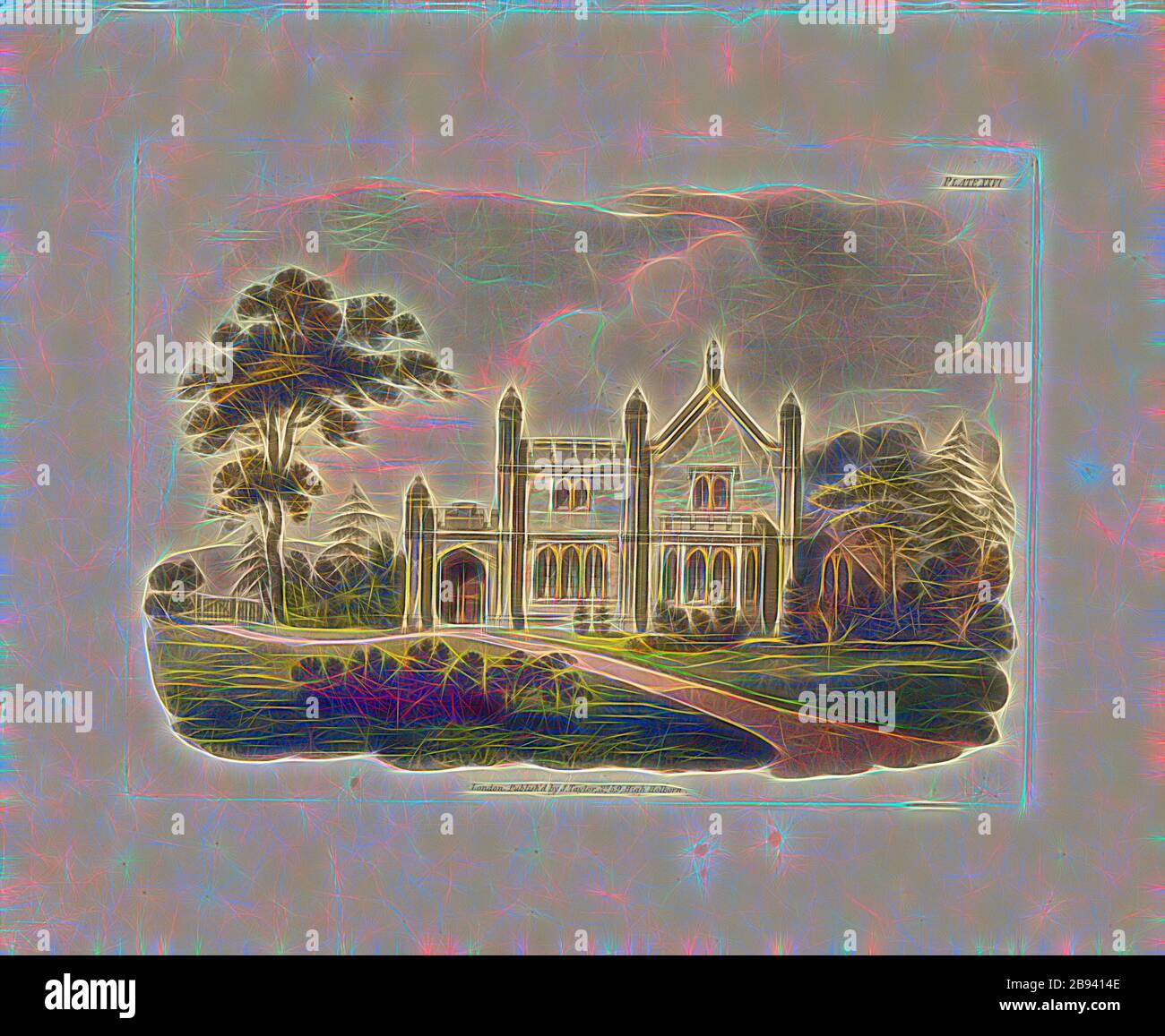 Gotisches Haus 2, die Erhebung eines gotischen Hauses, pl. XXVI, S. 31, Robert Lugar: Architektonische Skizzen für Landhäuser, ländliche Wohnhäuser und Villen, in der griechischen, gotischen und Phantasie Stile: Mit Plänen, geeignet für Personen von vornehm Leben und moderate Vermögen.: Vorausgegangen sind einige Beobachtungen über Landschaft und Charakter für malerische Gebäude. London: Gedruckt für J. Taylor, in der Architectural Library, 1823, neu gestaltet von Gibon, Design von warmen fröhlich glühenden Helligkeit und Lichtstrahlen Ausstrahlung. Klassische Kunst neu erfunden mit einem modernen Twist. Fotografie inspiriert von Futurismus, Umarmung Stockfoto