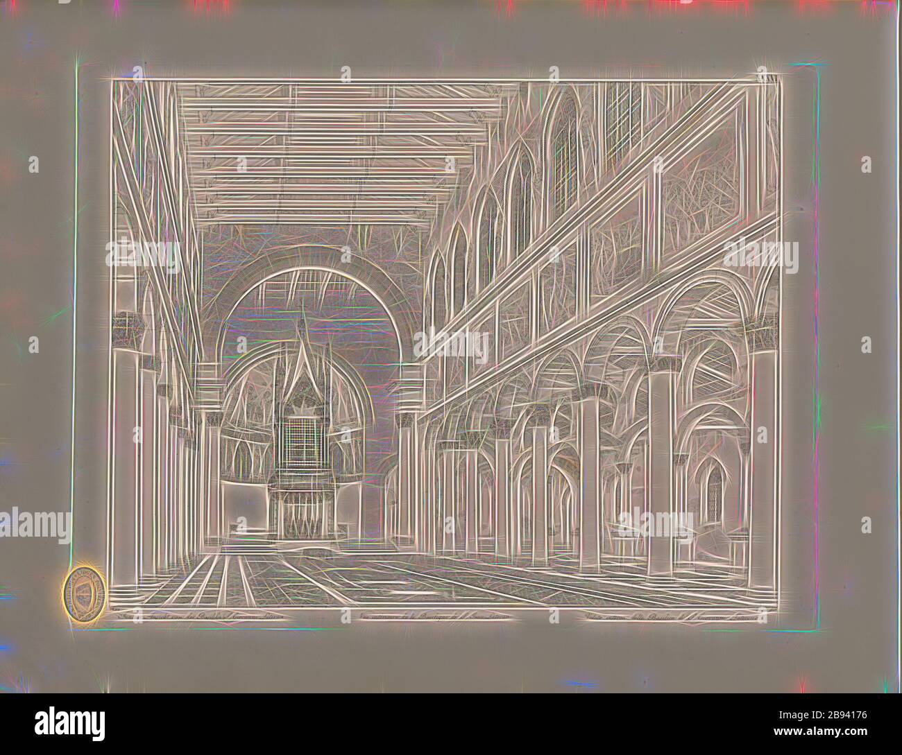 Innenansicht der Basilika S. Giovanni Lateran, Lateranbasilika in Rom, signiert: MKPP, TAF. XXXVI, nach S. 6, knapp, I. M. (DIS.), Christian Karl Josias von Bunsen: Die Basiken des christlichen Roms: Nach ihrem Zusammenhange mit Idee und Geschichte der Kirchenbaukunst. Bd. 2. München: Literarisch-künstlerische Anstalt der J. G. Cotta'schen Buchhandlung, [1824], Neugestaltung von Gibon, Gestaltung von warmen fröhlichen Leuchten von Helligkeit und Lichtstrahlen Ausstrahlung. Klassische Kunst neu erfunden mit einem modernen Twist. Fotografie inspiriert von Futurismus, umarmt dynamische Energie der modernen Technologie, Bewegung, Geschwindigkeit Stockfoto