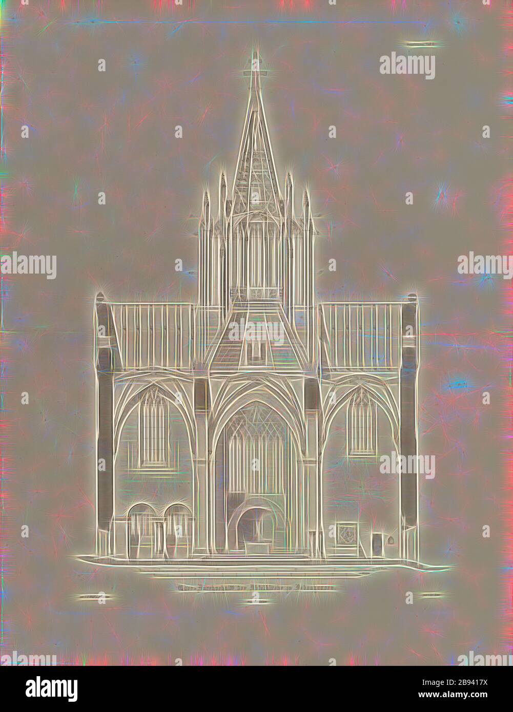 Querschnitt der Klosterkirche Bebenhausen, Querschnitt der Klosterkirche Bebenhausen in Bebenhausen (heute: Tübingen), signiert: V., A. Wolff u., H. Leibnitz, d. v., Lor, Ritter, gedruckt von I. Niederbühl, Abb. 2, Ergänzung Taf. II., Wolff, A. (gez.), Leibnitz, Heinrich (gez.), Ritter, Lorenz (gest.), Niederbühl, I. (Druck), C. Heideloff (Hg.): Die Kunst des Mittelalters in Schwaben. Denkmäler der Baukunst, Bildnerei und Malerei. [Bd. 3.]. Stuttgart: Ebner & Seubert, 1858, neu gestaltet von Gibon, Design von warmen fröhlichen Leuchten von Helligkeit und Lichtstrahlen Ausstrahlung. Klassische Kunst RE Stockfoto