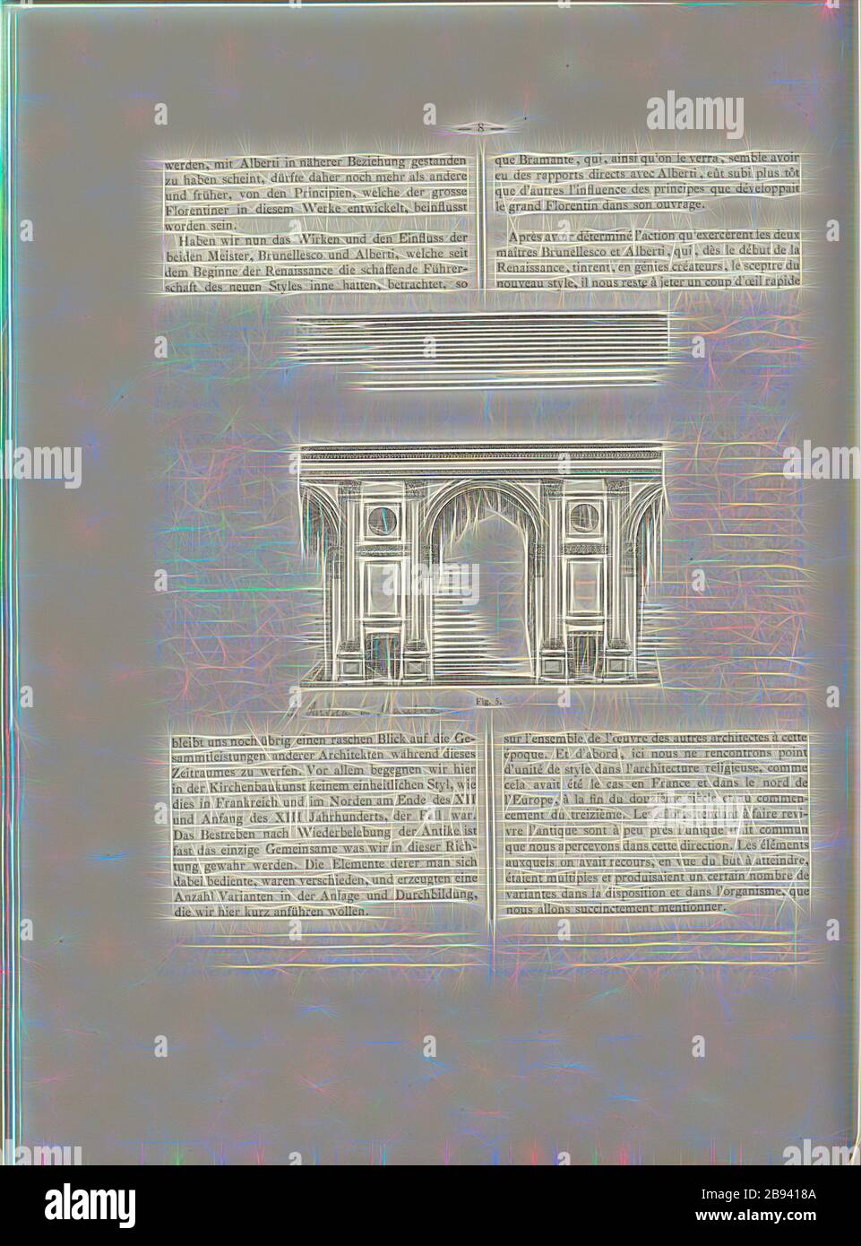 Joch aus dem Inneren von S. Andrea in Mantua, Basilika Sant Andrea in Mantua, Feige. 5, S. 8, Heinrich von Geymüller: Die ursprüglichen Entwürfe für Sanct Peter in Rom von Bramante, Raphael Santi, Fra Giocondo, den Sangallo's u.a. m: Nebst zahlreichen Erweiterungen und einem Text. Wien: Lehmann und Wentzel, Paris: Verlag von J. Baudry, MDCCCLXXV [1875], Neugestaltung von Gibon, Gestaltung von warmen fröhlichen Leuchten von Helligkeit und Lichtstrahlen Ausstrahlung. Klassische Kunst neu erfunden mit einem modernen Twist. Fotografie inspiriert von Futurismus, umarmt dynamische Energie der modernen Technologie, Bewegung, Geschwindigkeit und Revolutio Stockfoto