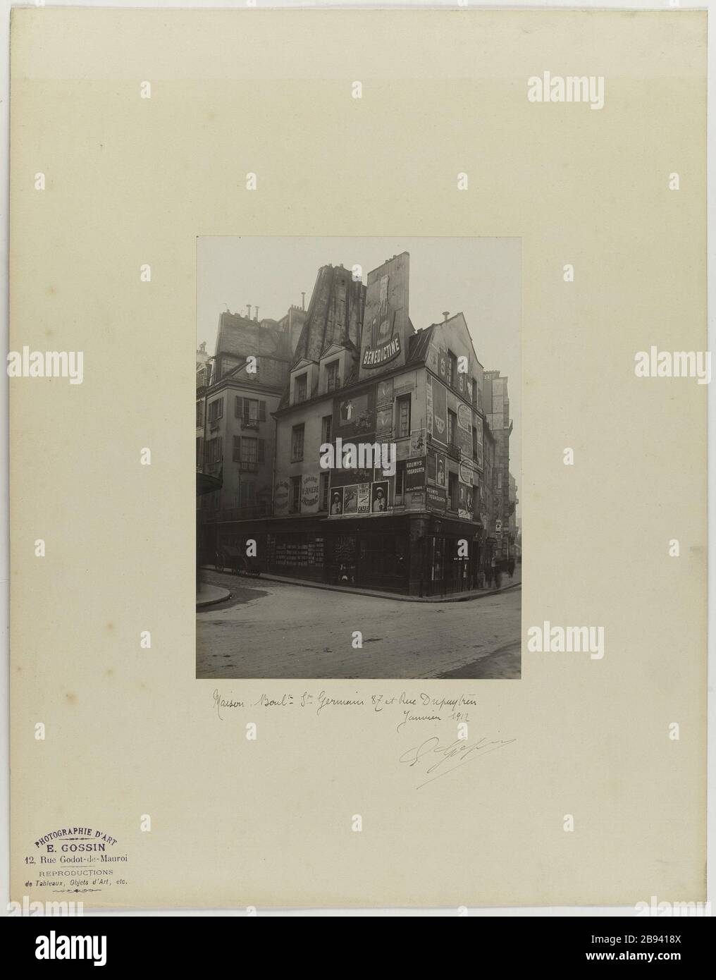 Haus. Boulevard St. Germain und Rue Dupuytren 87 / Januar 1912 Haus, Ecke 87 Boulevard Saint-Germain und Rue Dupuytren 6. Bezirk, Paris Gossin, E. Maison. Boul St. Germain 87 et Rue Dupuytren / Janvier 1912. 'Maison, Angle du 87 Boulevard Saint-Germain et de la rue Dupuytren, 6ème arronisemement, Paris'. Tirage au gélatino-bromure d'argent. En 1912-01-1912-01. Paris, musée Carnavalet. Stockfoto